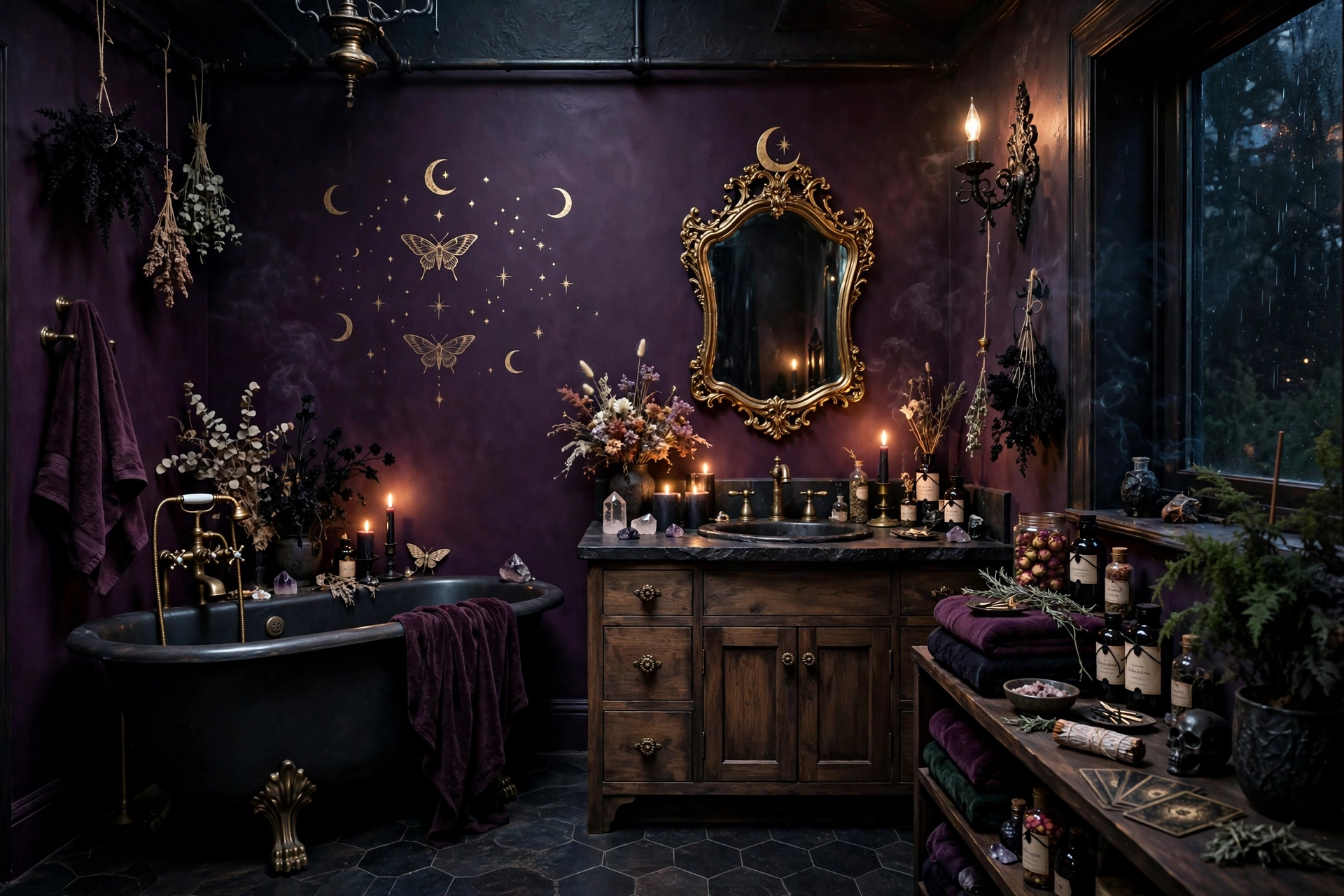 Whimsigoth bathroom with deep plum dark walls, magical foundation