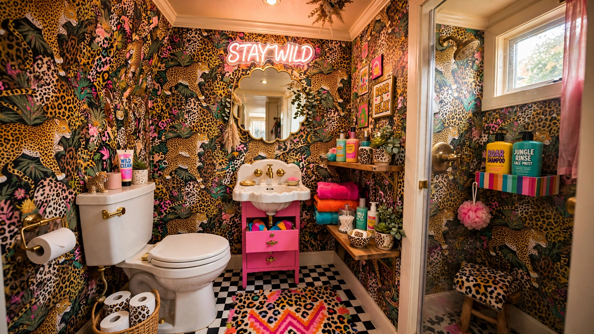 Small bathroom with maximalist leopard novelty wallpaper, bold personality