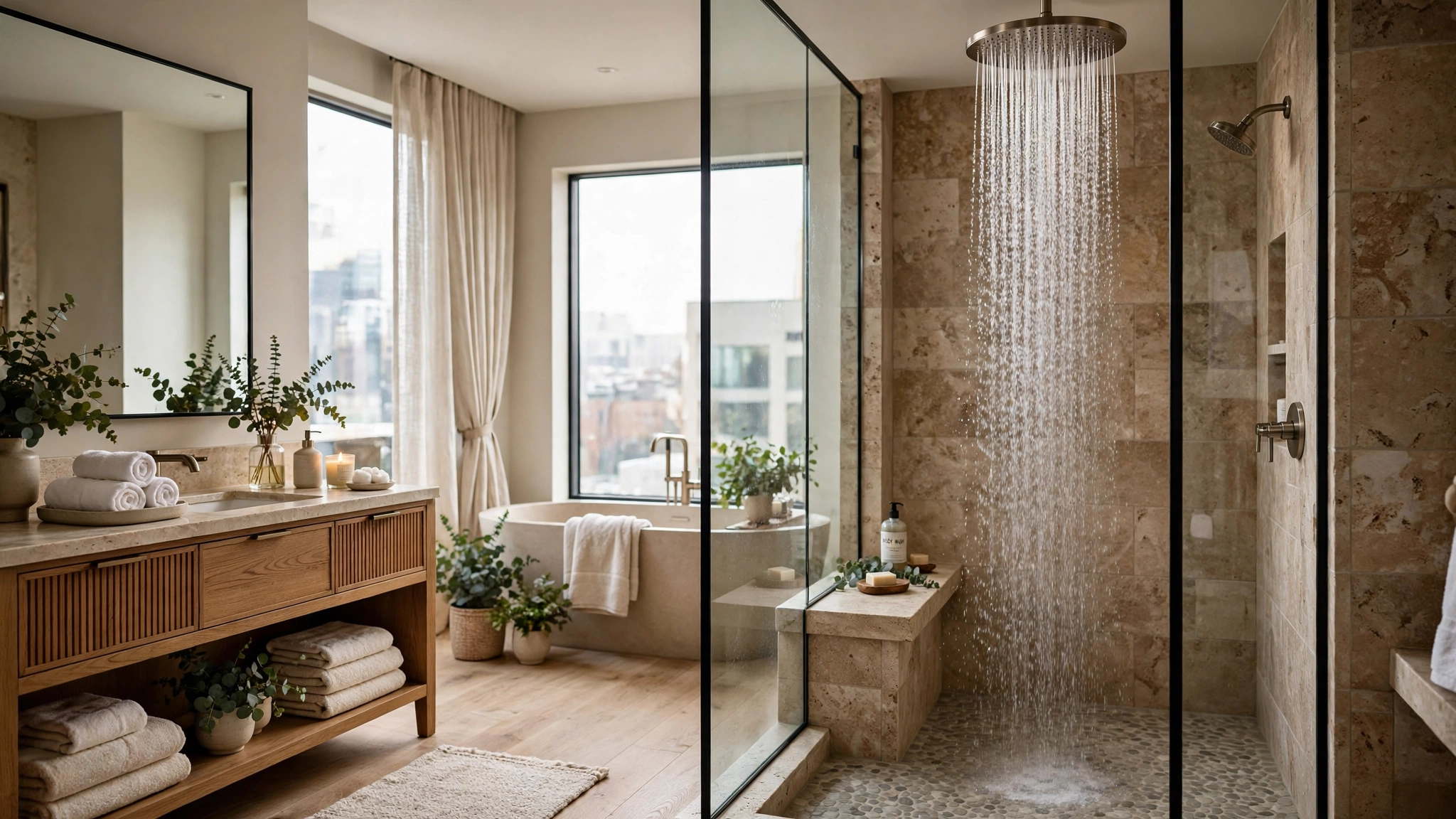 Rainfall showerhead with filter in apartment bathroom, luxury cascade