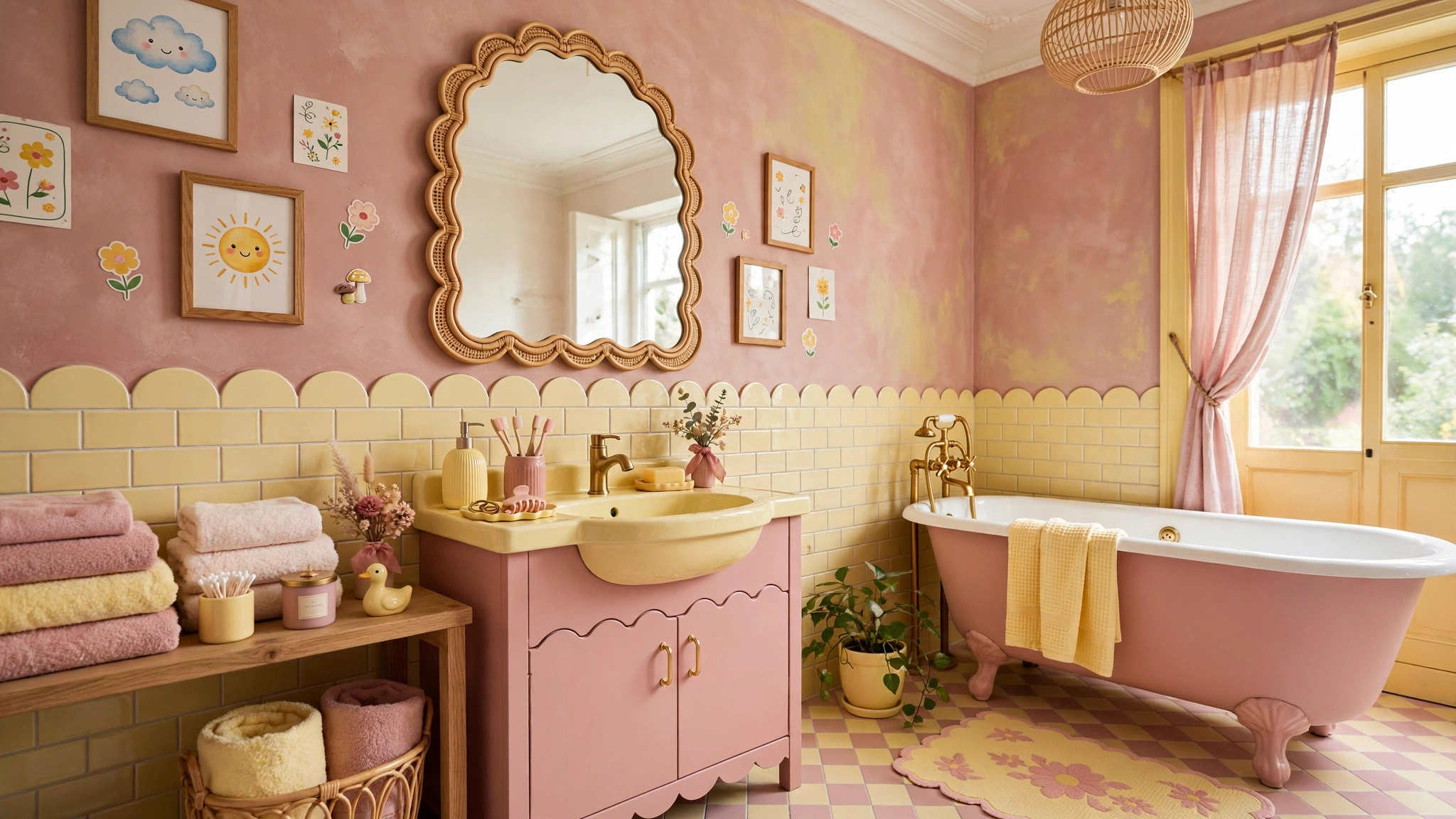 Bathroom with warm pastel accessories, dusty rose and sage, cheerful