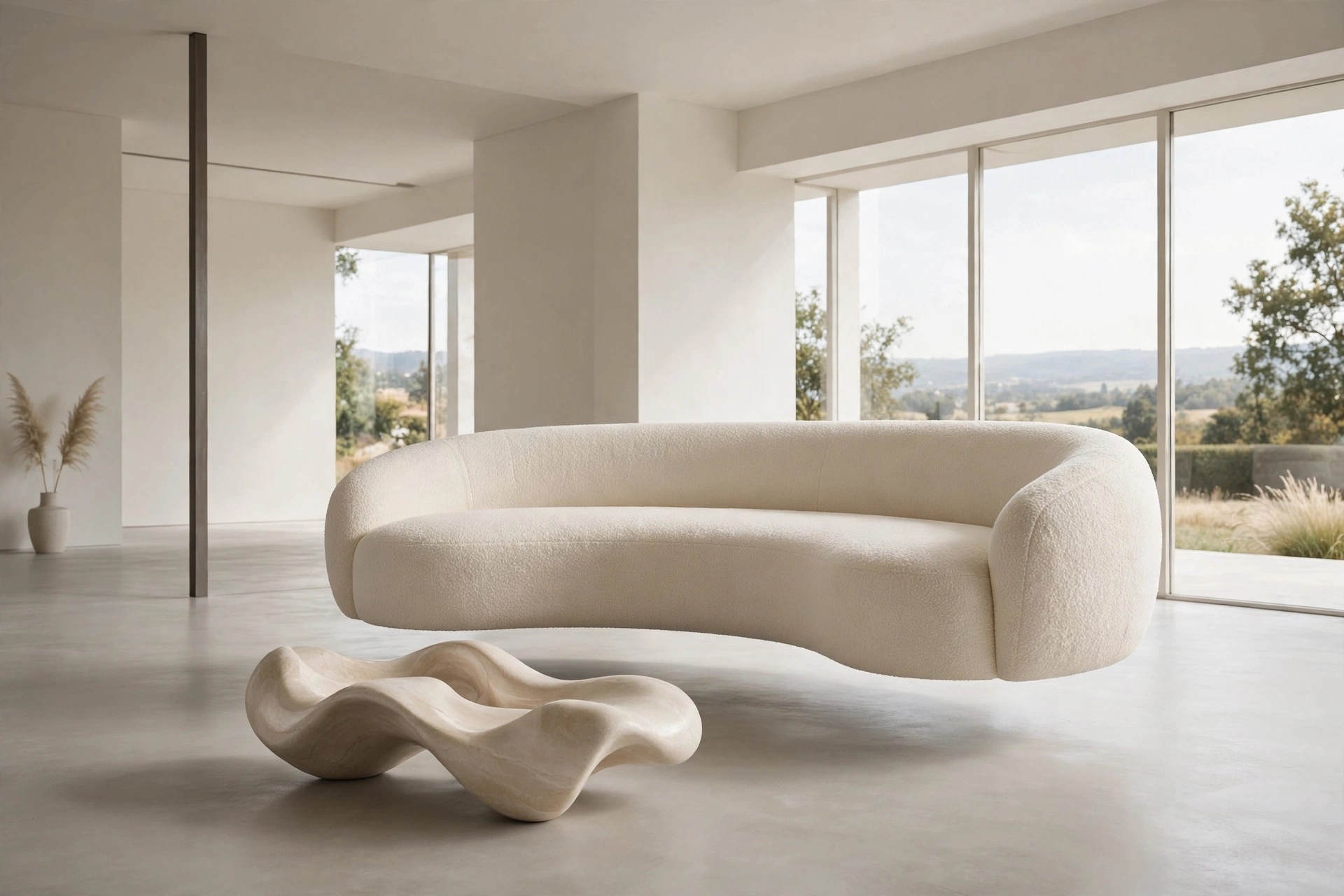 Cream curved boucle sofa floating in minimalist living room, sculptural centerpiece