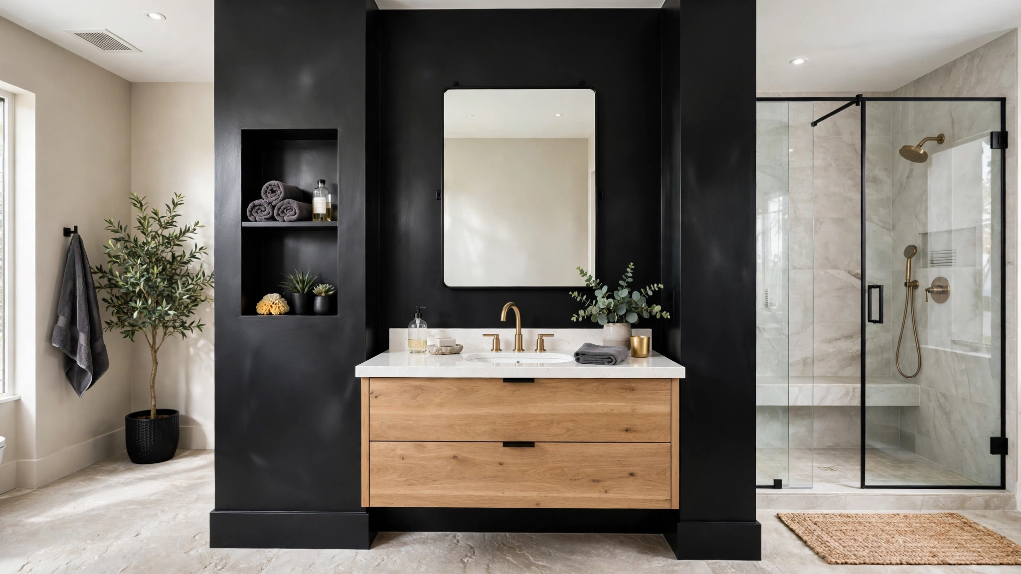 Black accent wall behind bathroom vanity, satin sheen paint, lasting drama