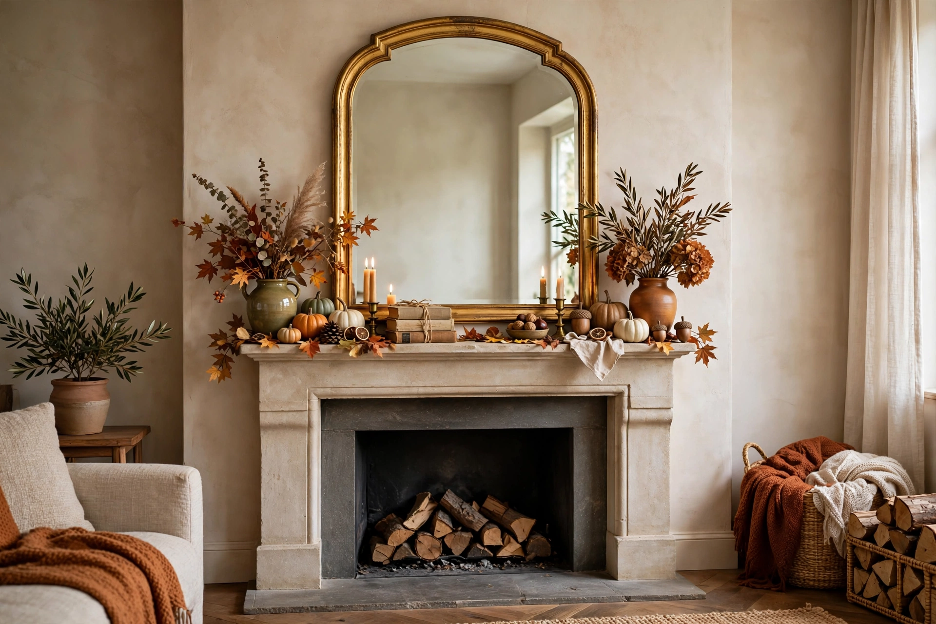 Arched gold mirror anchoring fall fireplace mantel, strong center