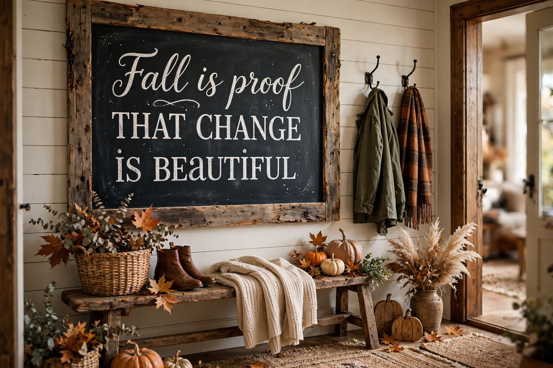 Hand-lettered Hello Fall quote on chalkboard, timeless entryway art