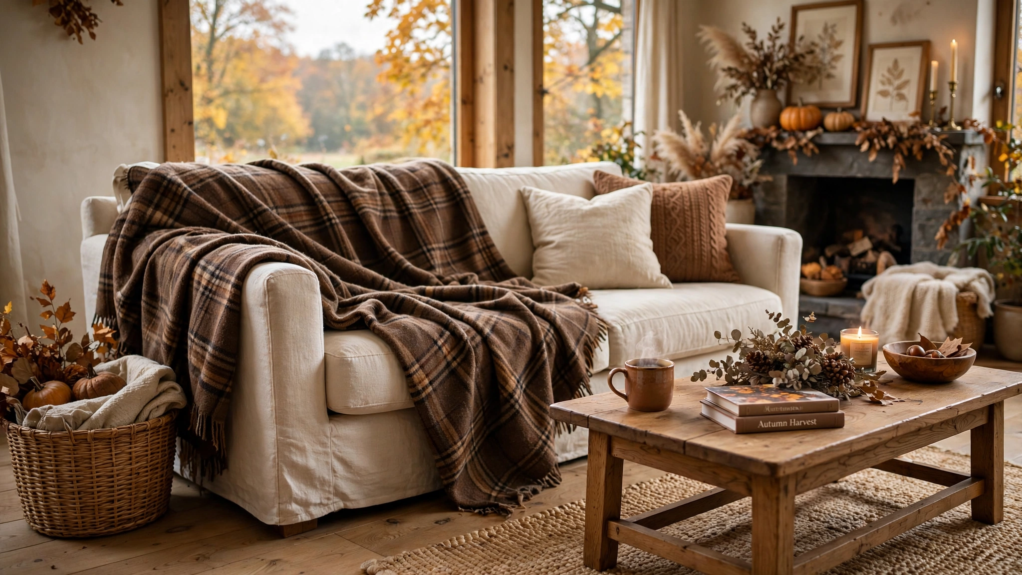 Brown plaid wool throw draped over sofa chaise, instant coziness