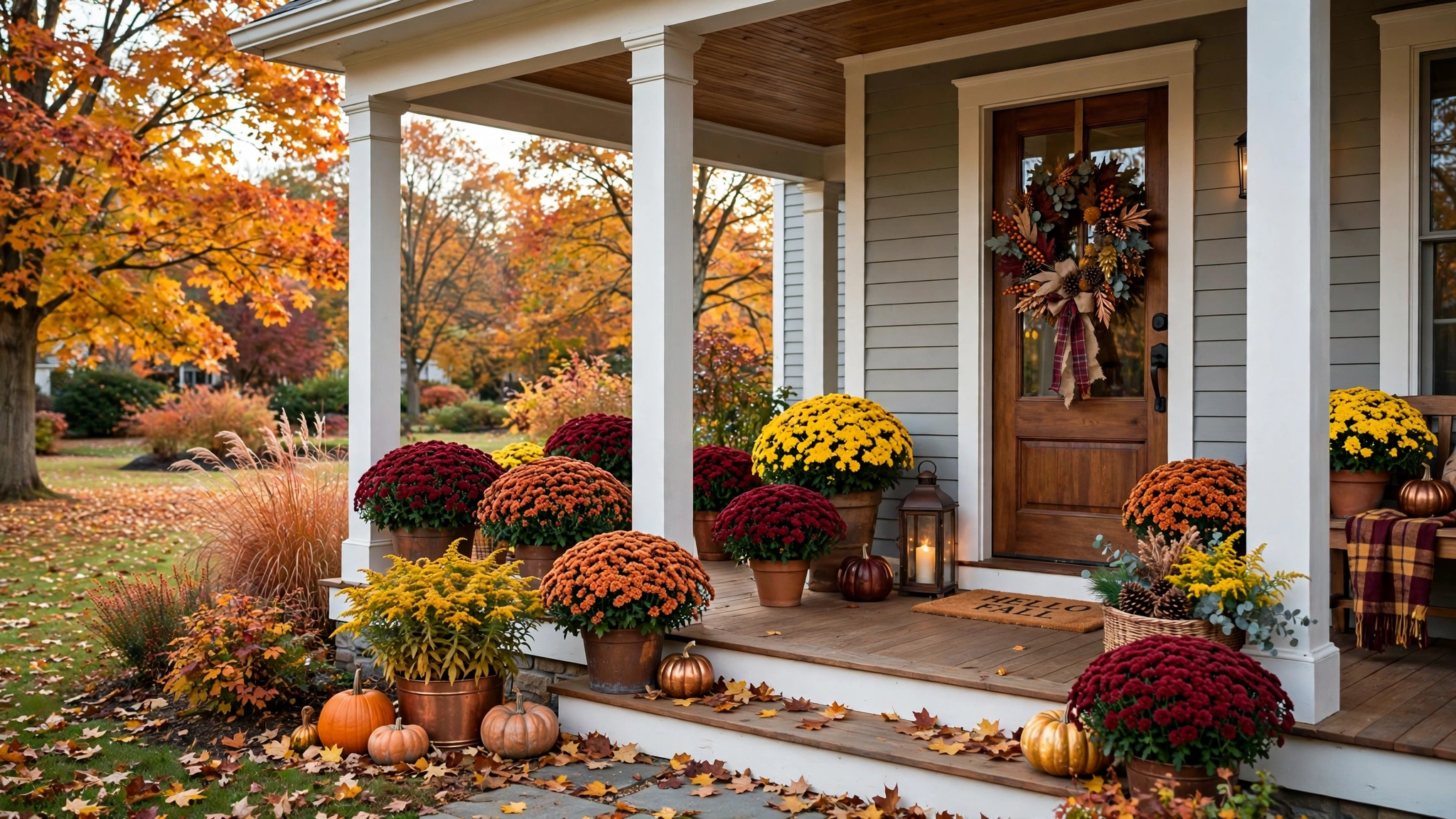 Assorted fall mums in burgundy copper and goldenrod, cohesive curb appeal