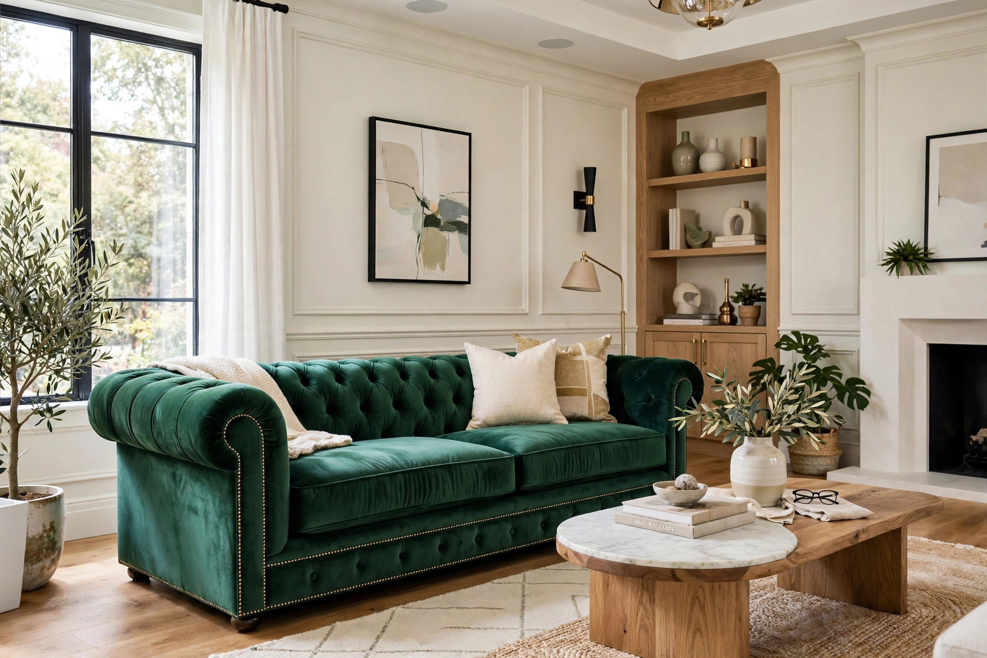 Chesterfield sofa in modern emerald velvet upholstery, contemporary living room