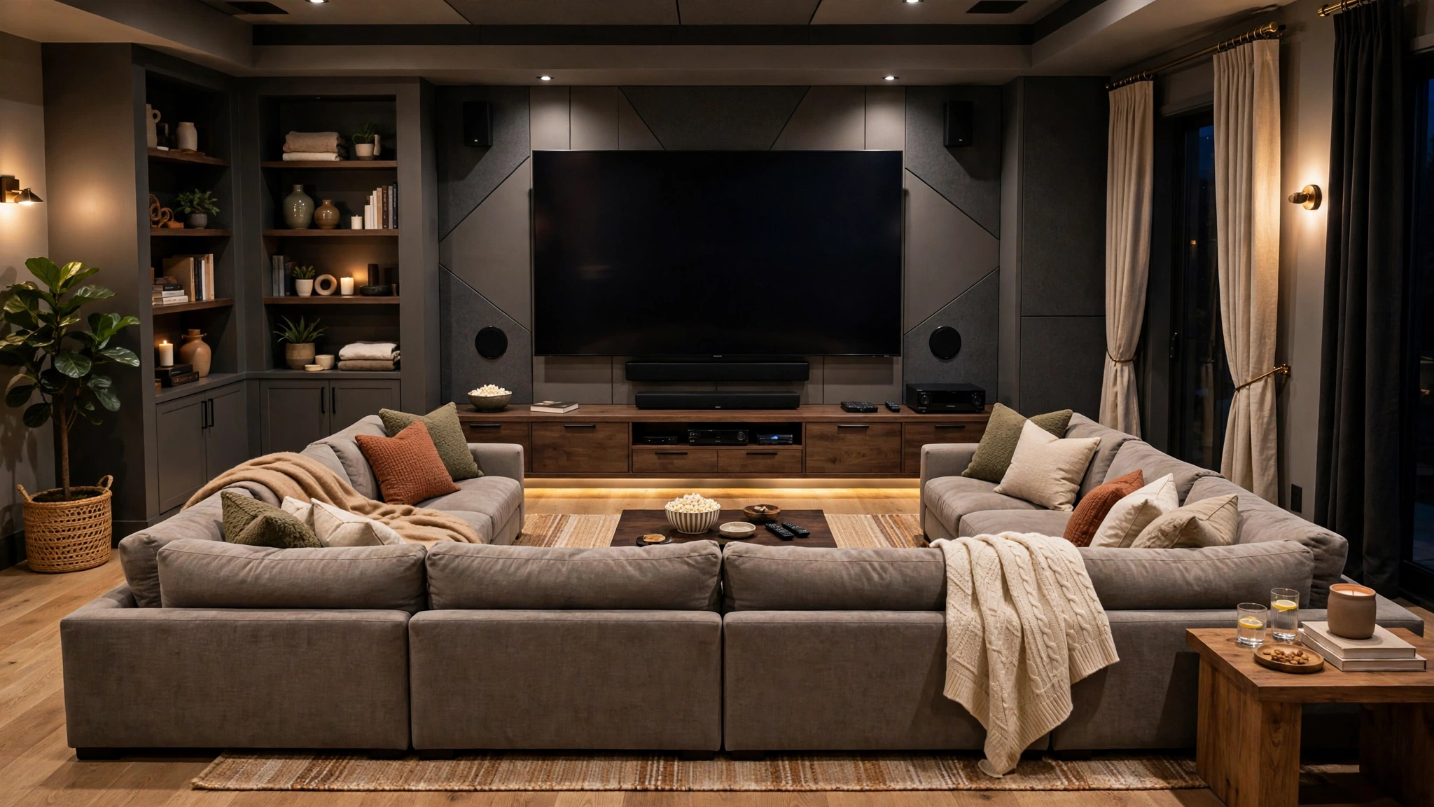 U-shaped sectional couch facing large wall-mounted TV, home theater setup