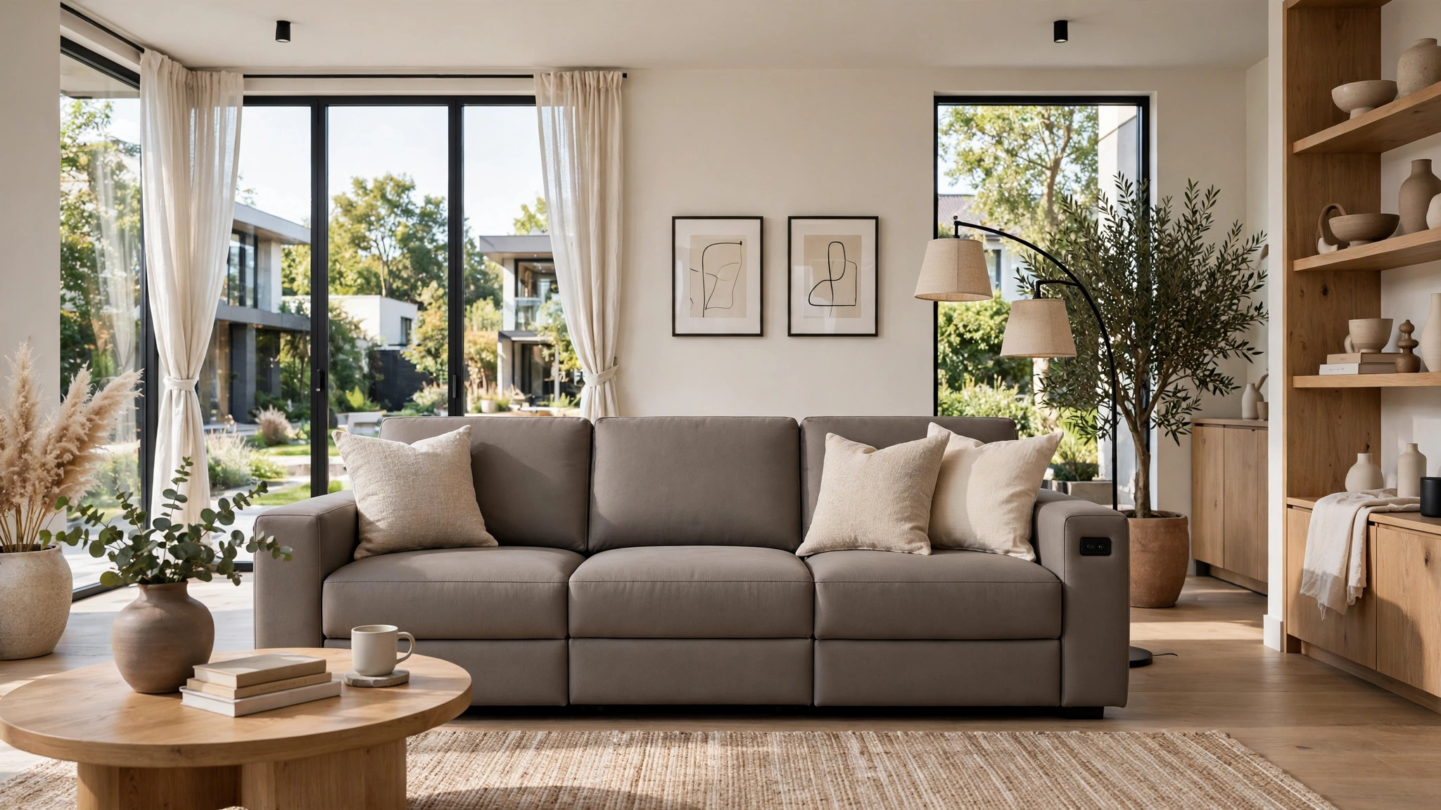 Modern streamlined power reclining sofa with clean lines, stylish living room