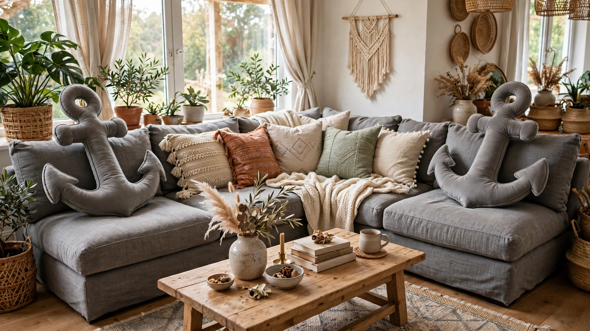 Grey boho sectional with oversized 24 inch solid anchor pillows, cream