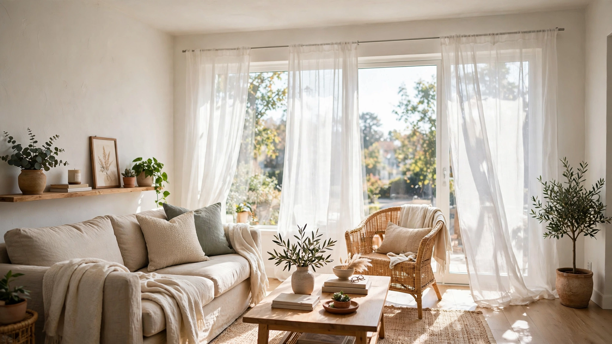 Small living room with maximized natural light, sheer curtains, bright open