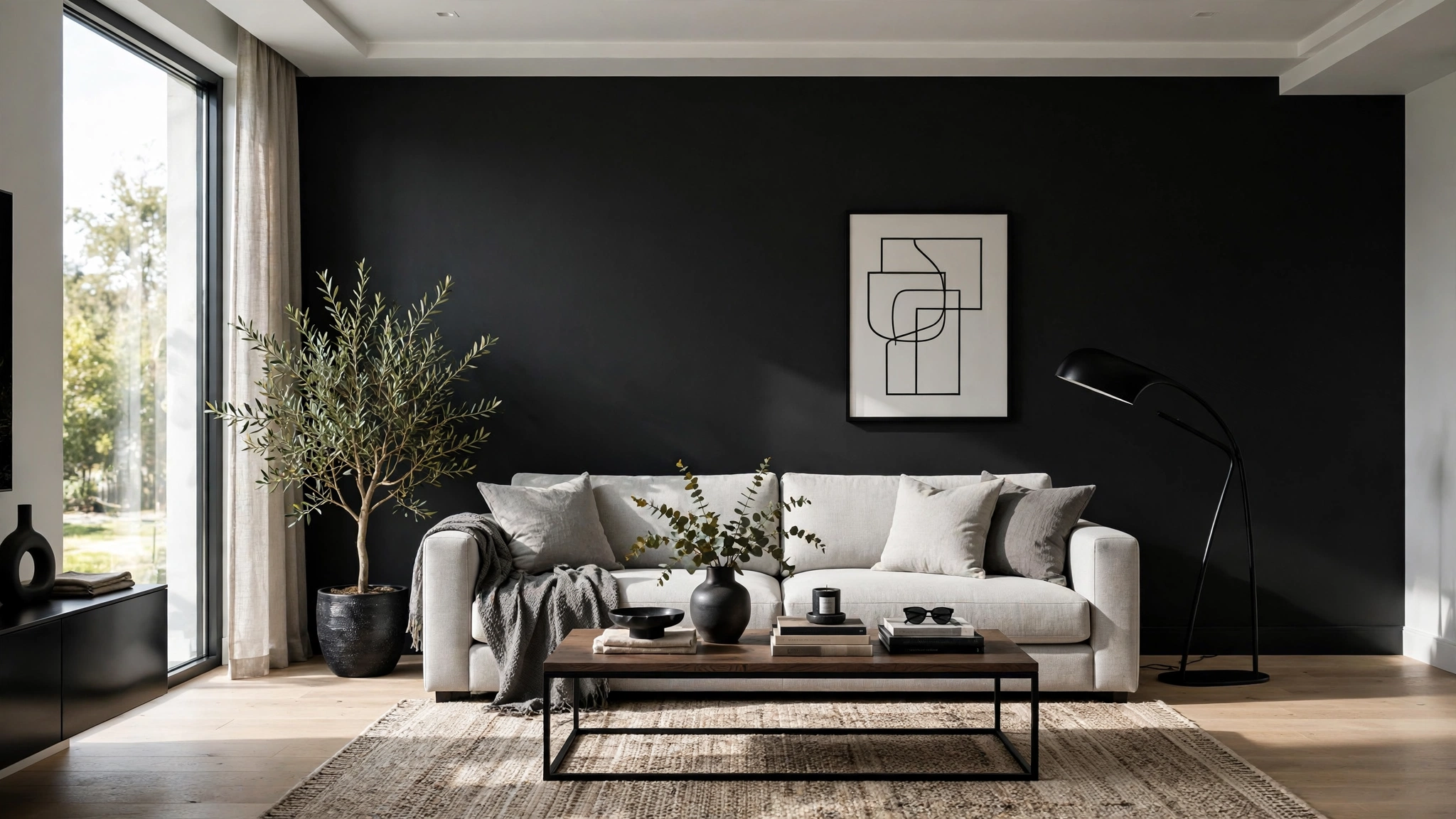 Living room with classic matte black accent wall behind sofa, dramatic