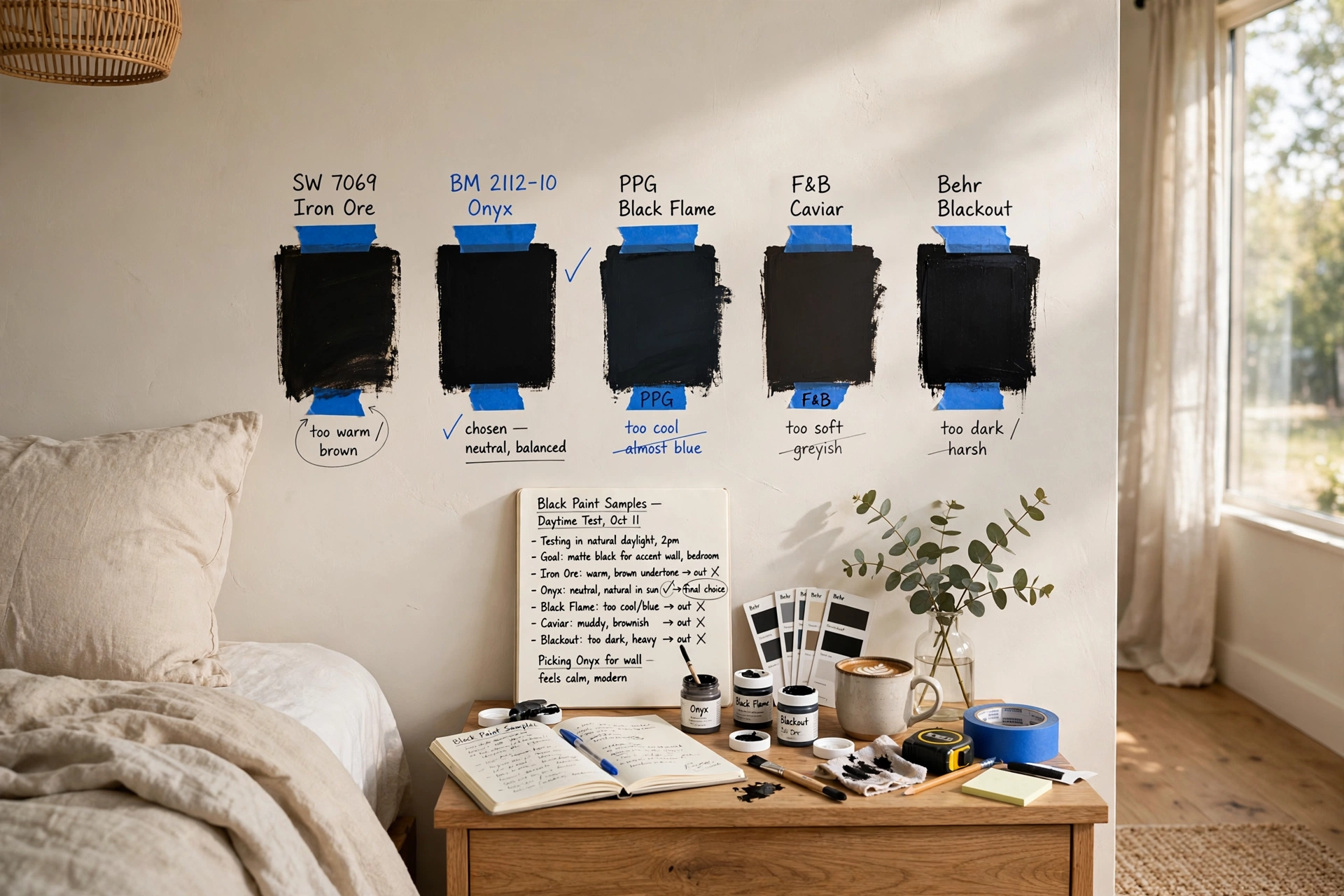 Black paint samples tested on bedroom wall, warm vs cool blacks