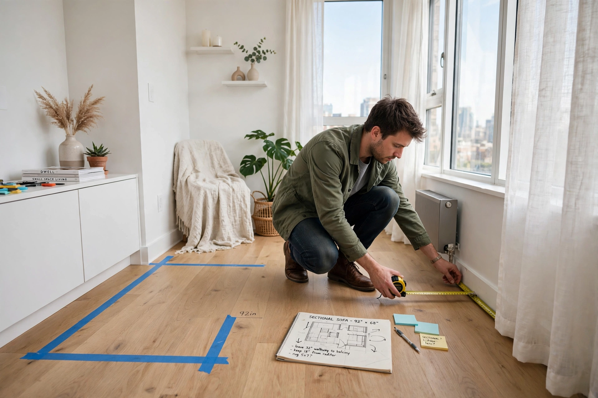 Person measuring small apartment living room with tape measure, planning sectional placement