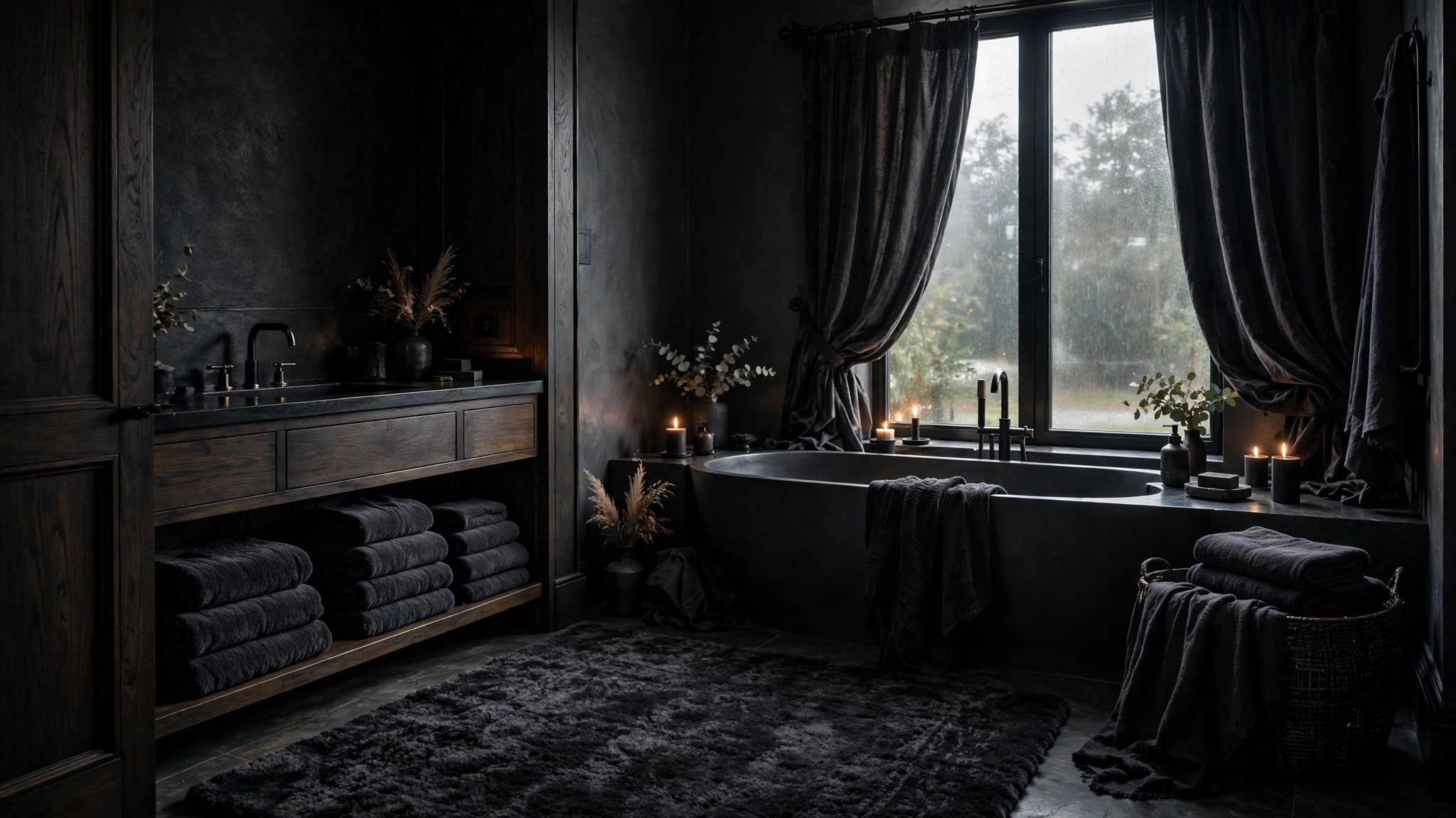 Charcoal bath towels and plush rug in moody bathroom, cozy texture