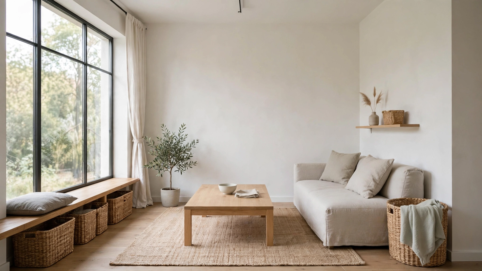 Small living room with cohesive neutral three-tone palette, seamless