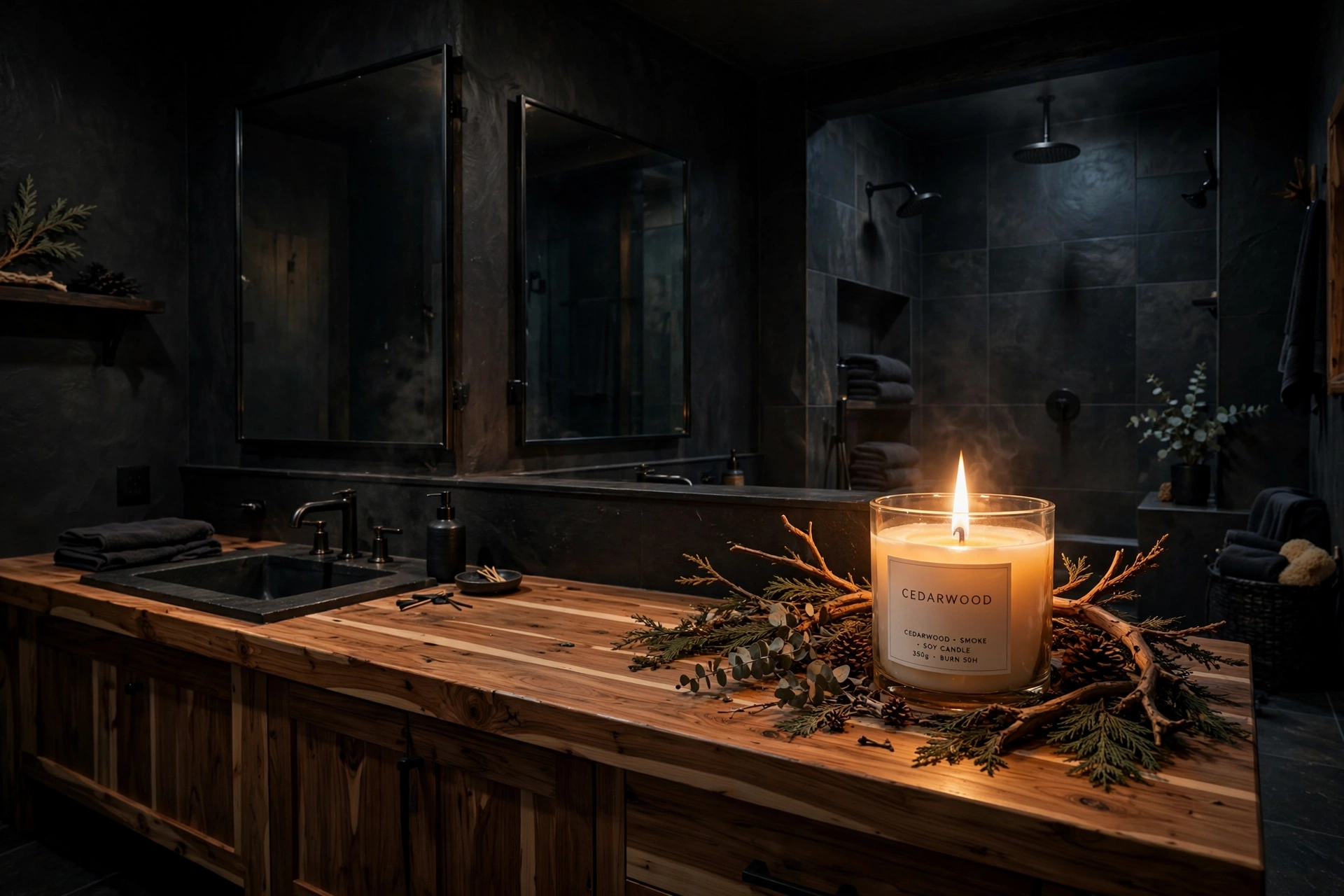 Large cedarwood candle burning in moody bathroom, sensory atmosphere