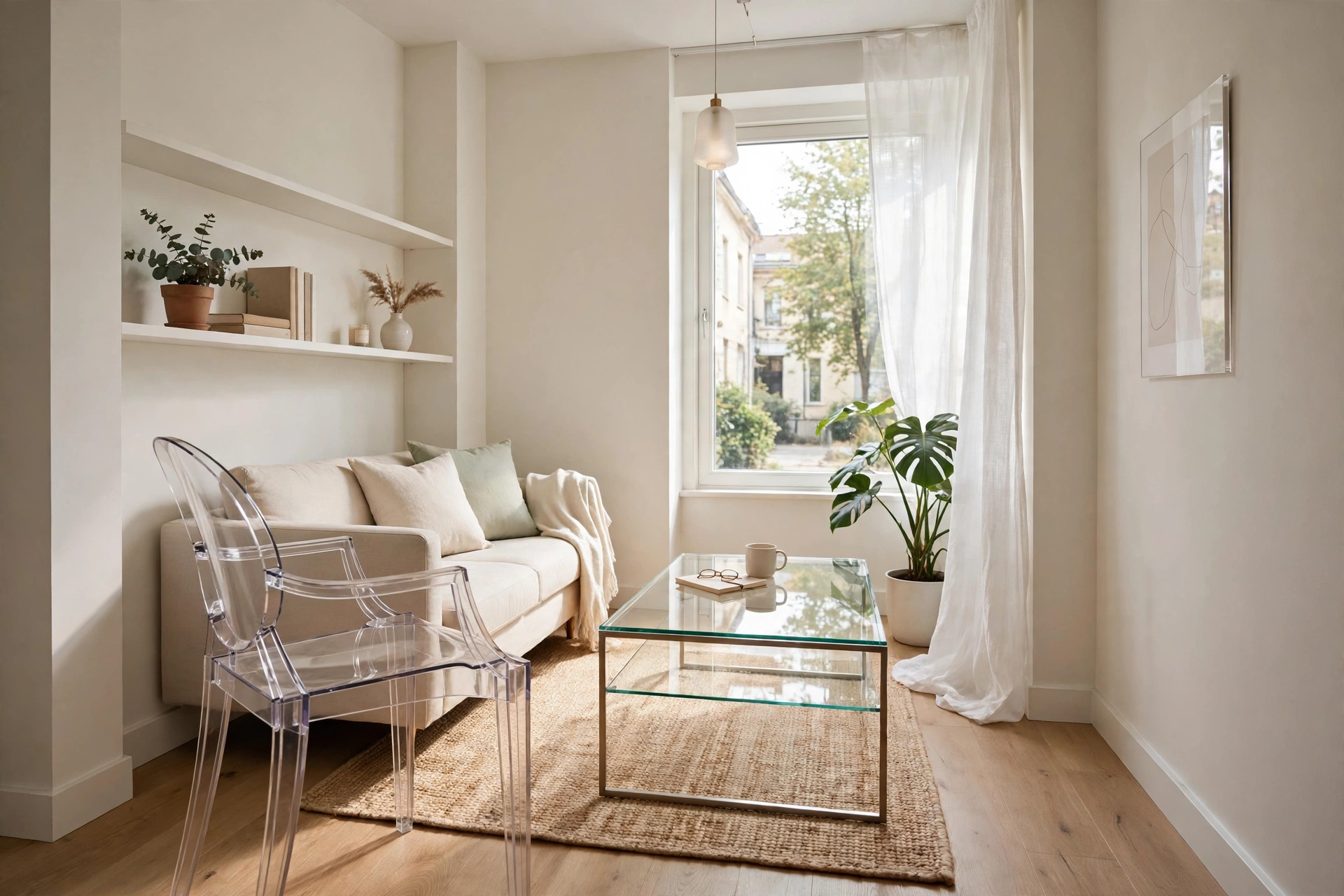 Round coffee table and mirror in small living room, easy flow