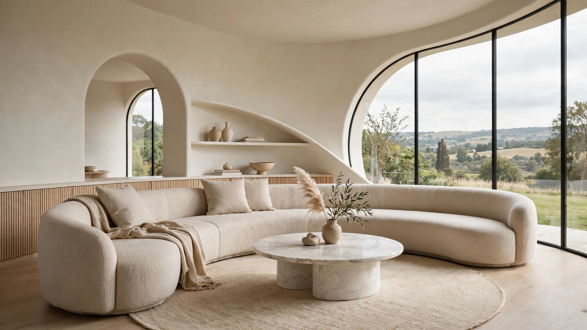 Curved sofa paired with round marble coffee table, harmonious curved shapes