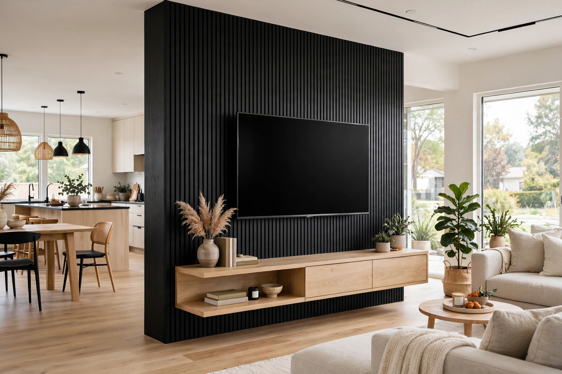 Floating light oak media console under black TV wall, open floor