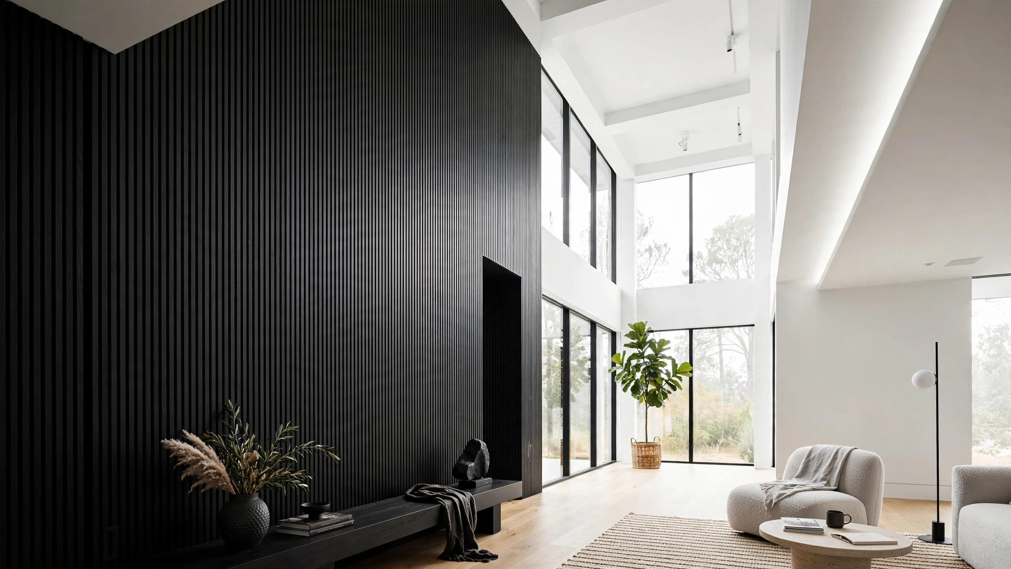 Black wall with white ceiling making room feel taller