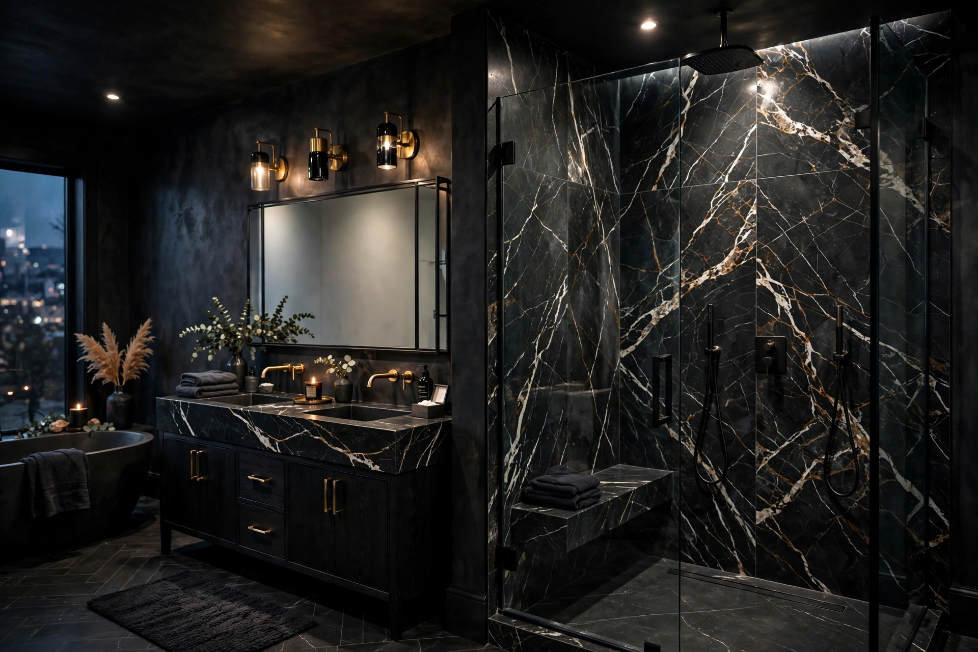 Bathroom with black marble dramatic tile shower wall