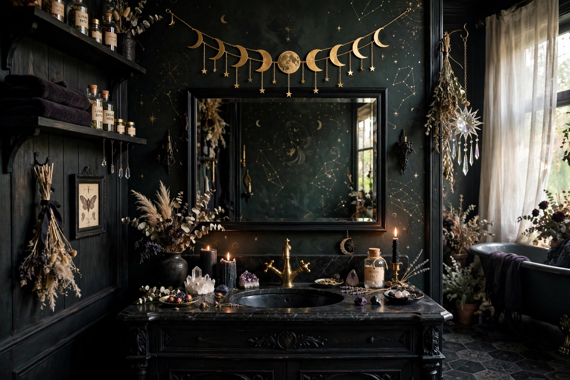Gold moon phase wall decor in whimsigoth bathroom, mystical sparkle