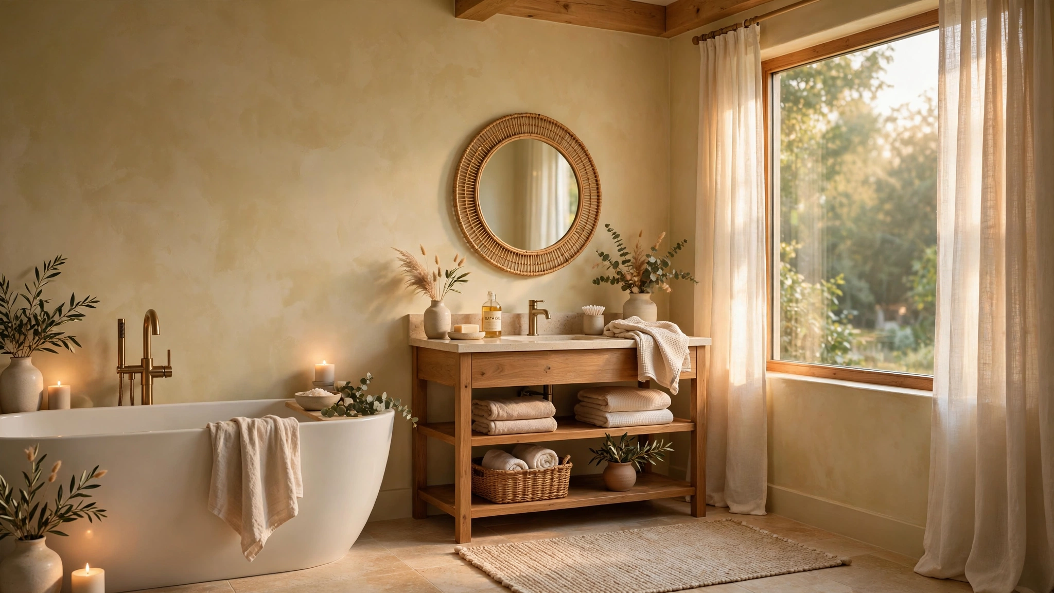 Bathroom with creamy white warm walls, cozy backdrop