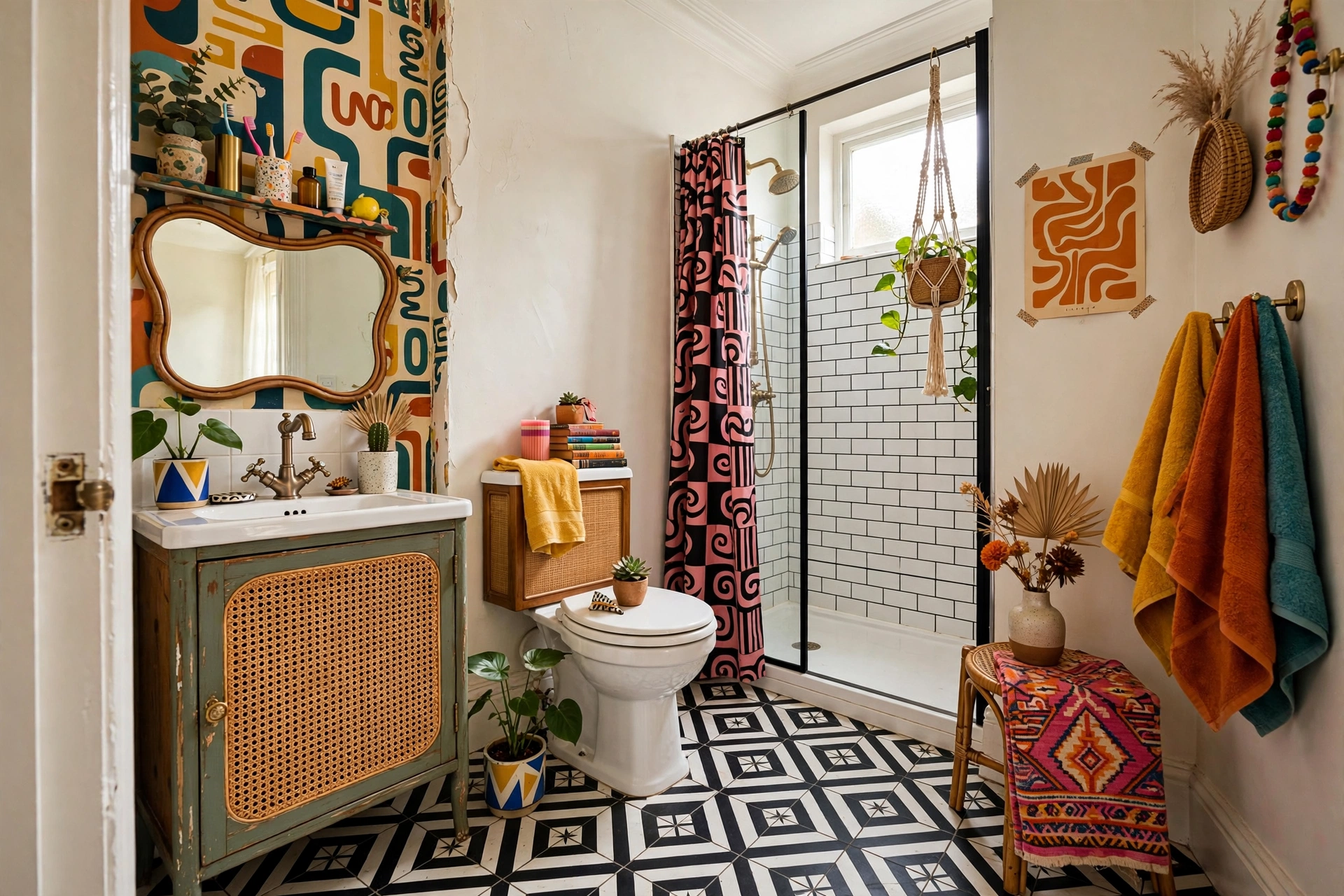 Bathroom with bold black and white graphic floor tile pattern