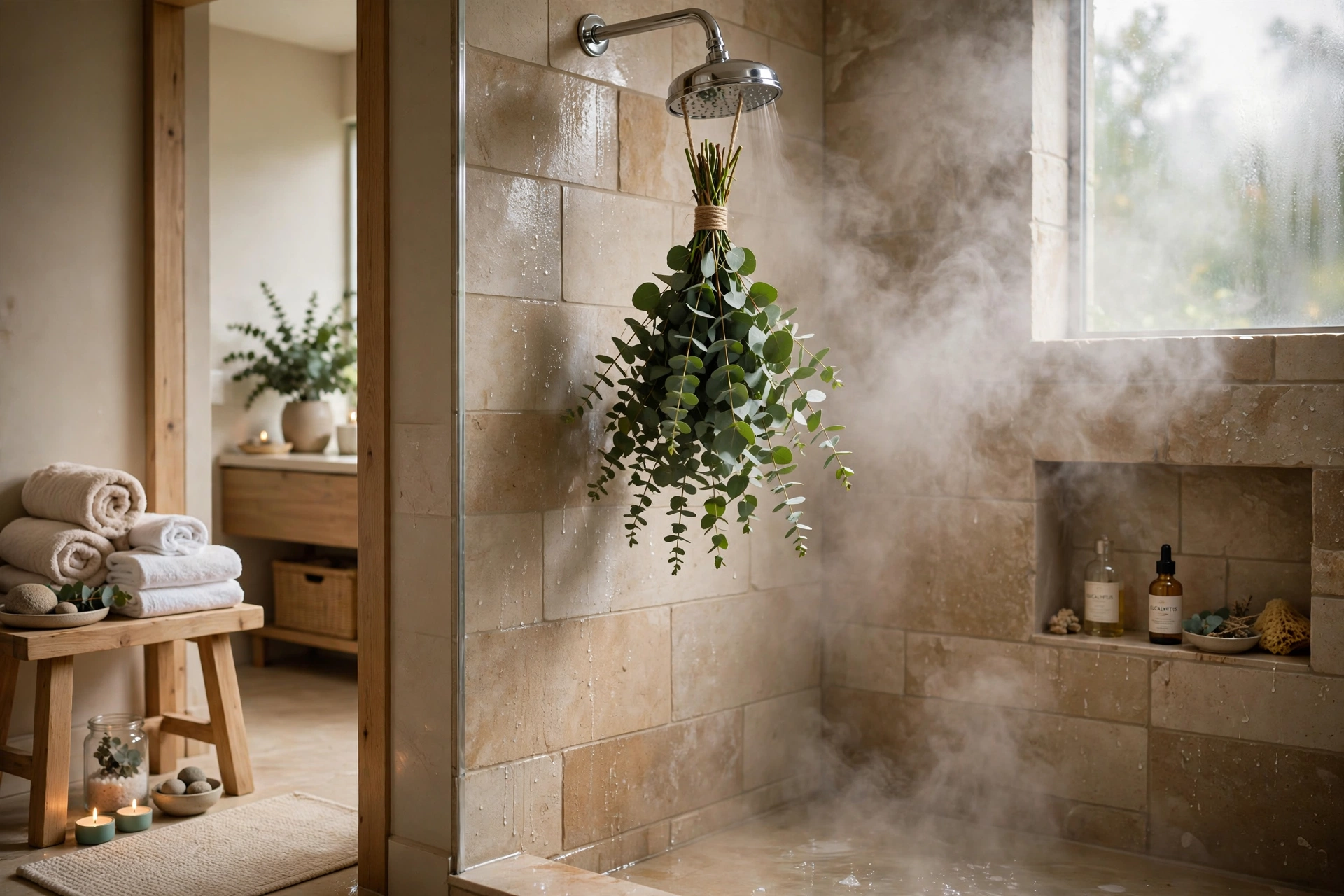 Eucalyptus bundle tied to showerhead, natural aromatherapy steam