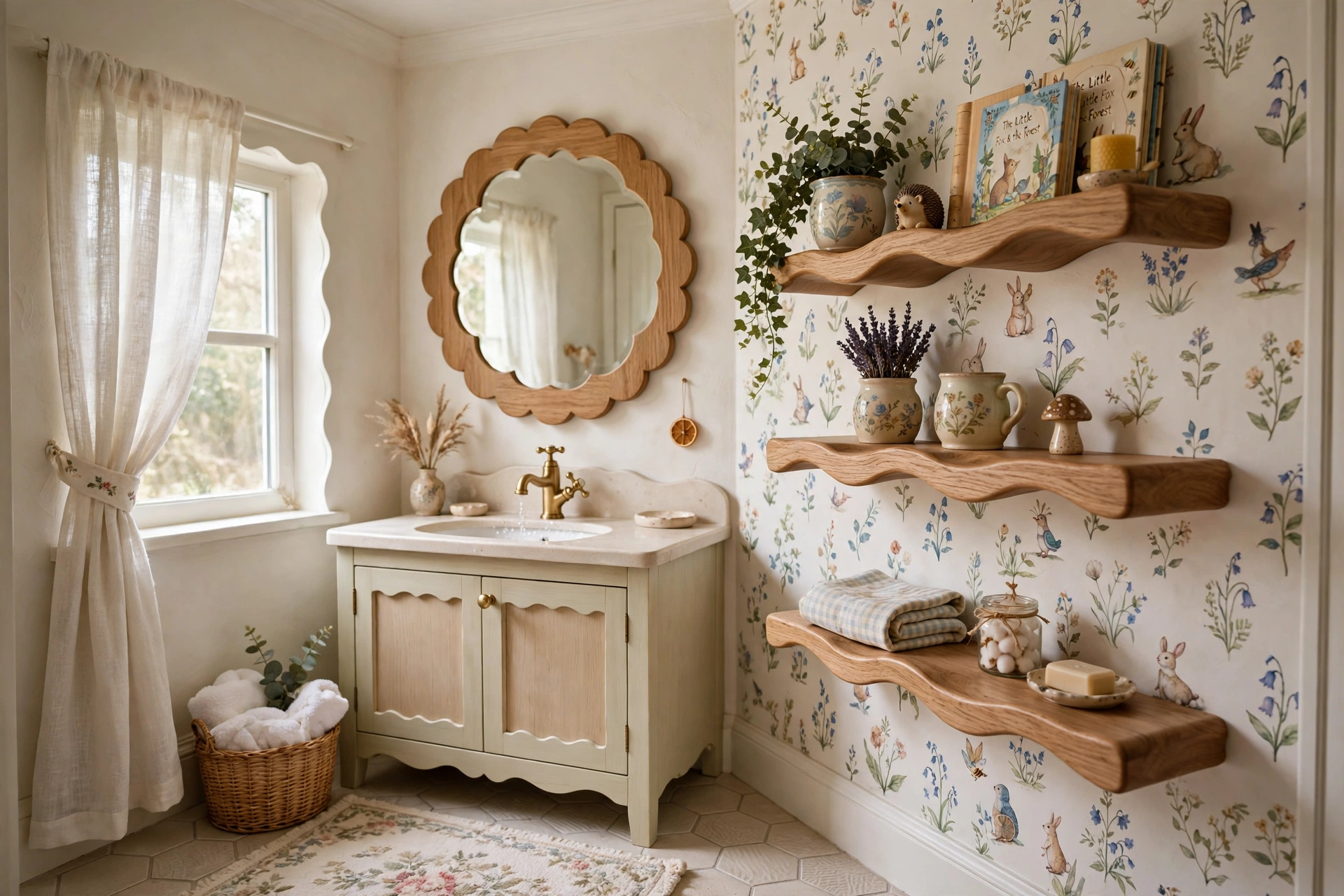 Scalloped edge mirror and shelves in whimsical bathroom, storybook charm