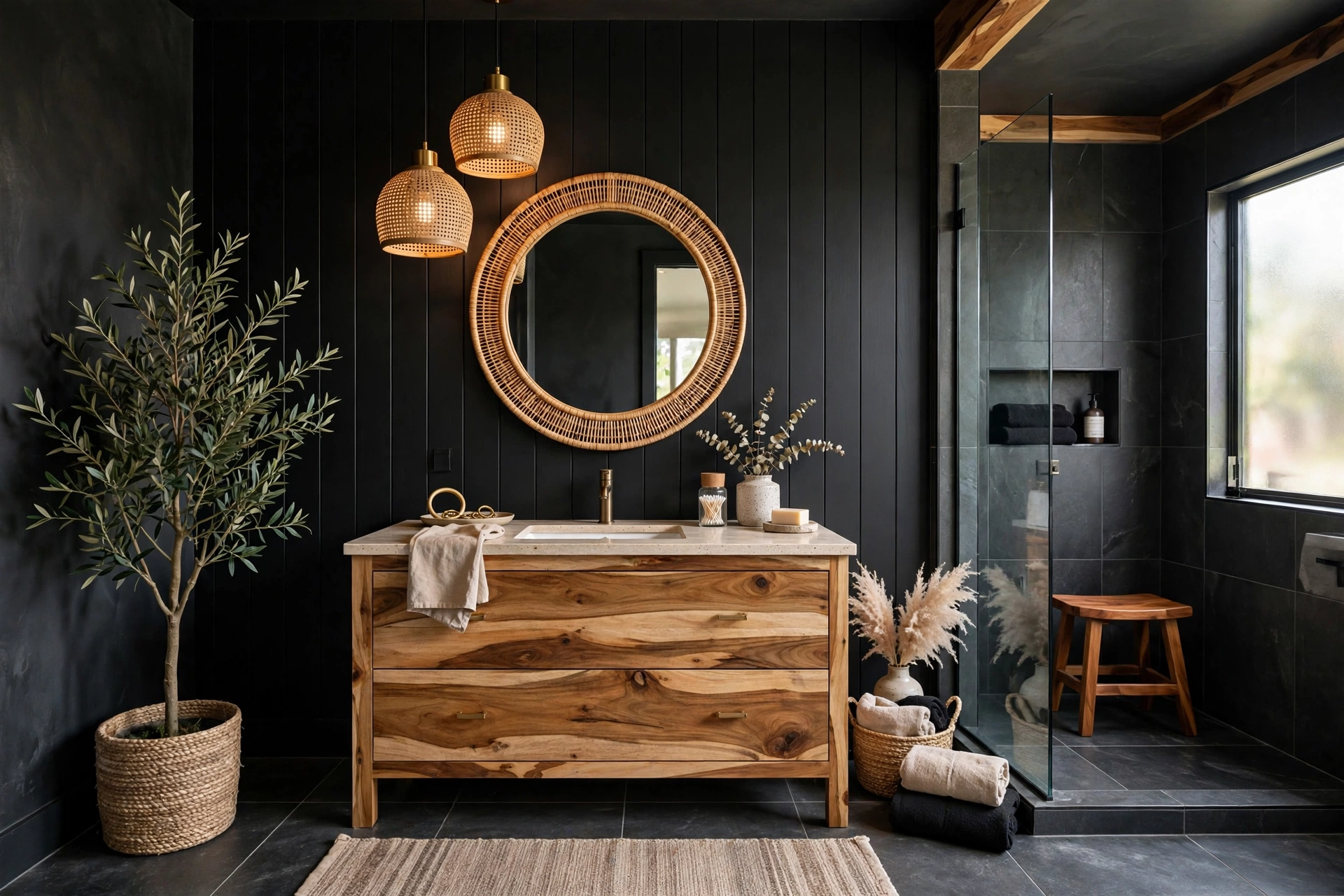 Acacia wood bath caddy and warm wood tones against black bathroom wall