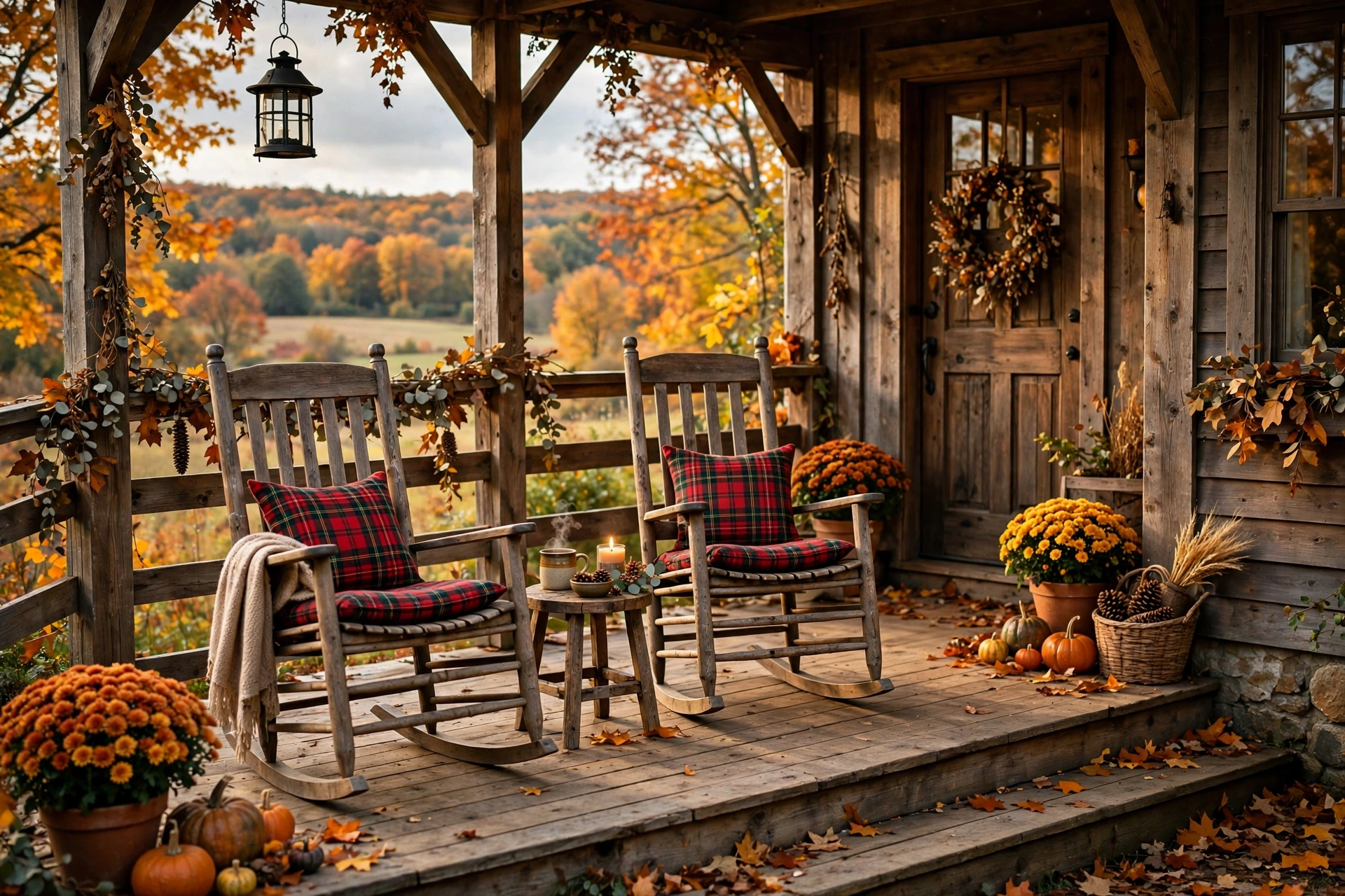 Wooden rocking chairs with plaid cushions on rustic fall porch