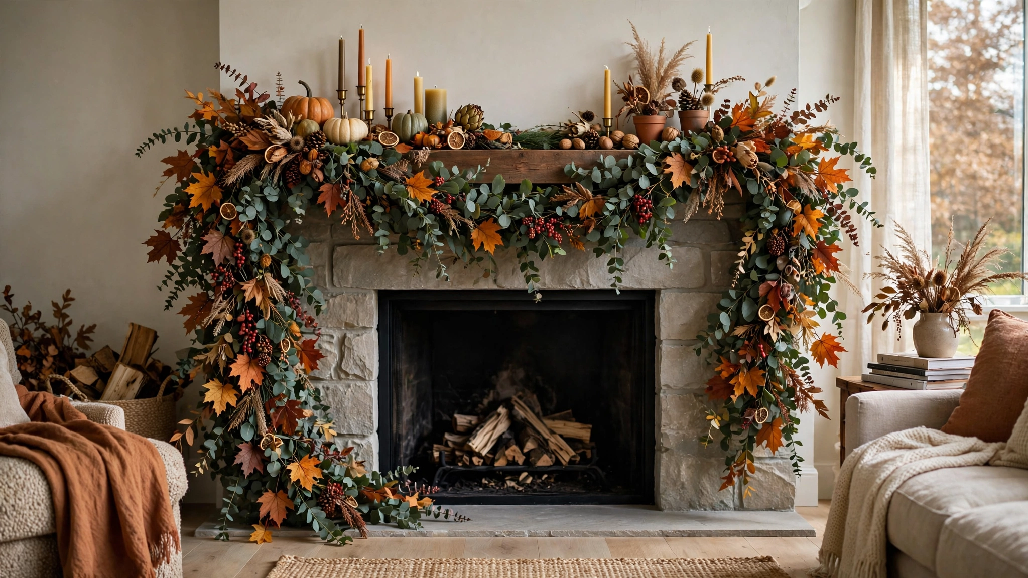 Fall eucalyptus garland draped across mantel with ends trailing down