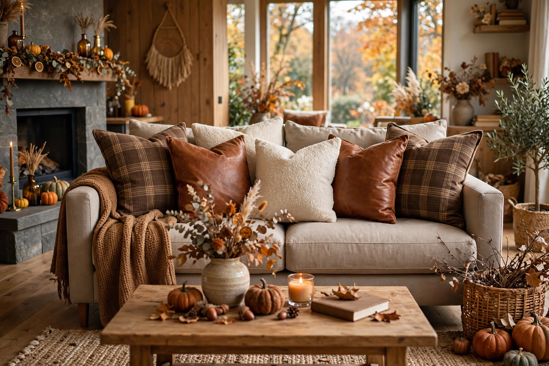 Brown plaid flannel pillows layered with cognac leather and boucle