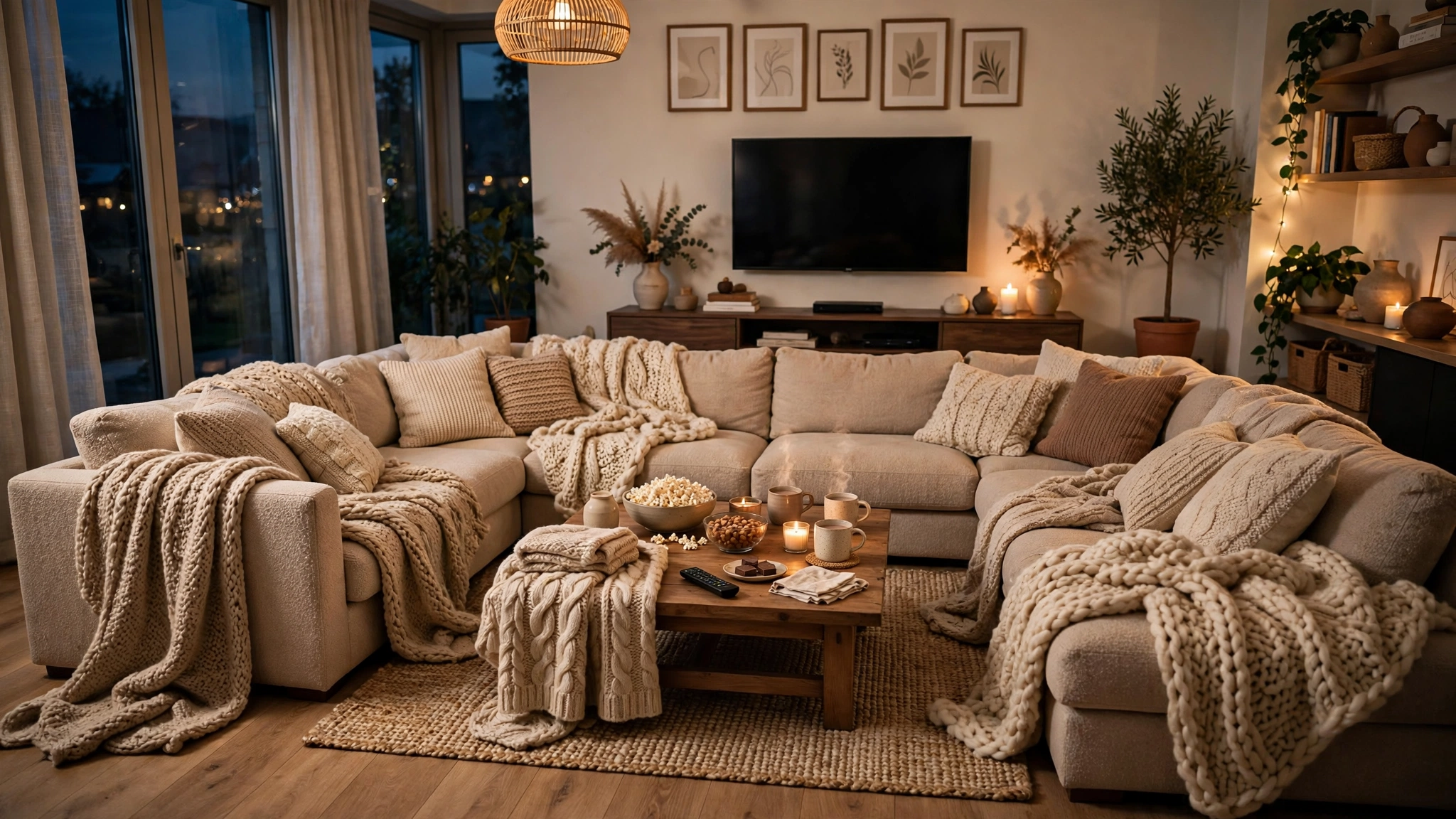 U-shaped couch draped with cozy chunky knit throw blankets, movie night