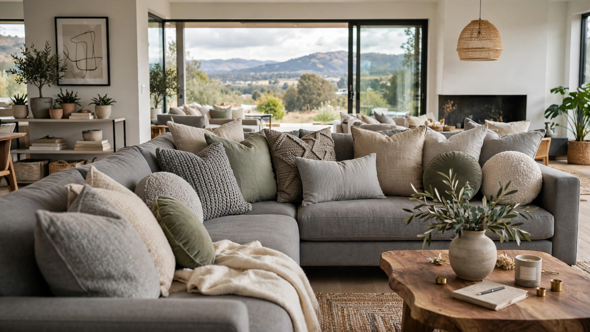 Grey sectional with mixed square lumbar and round pillows, layered