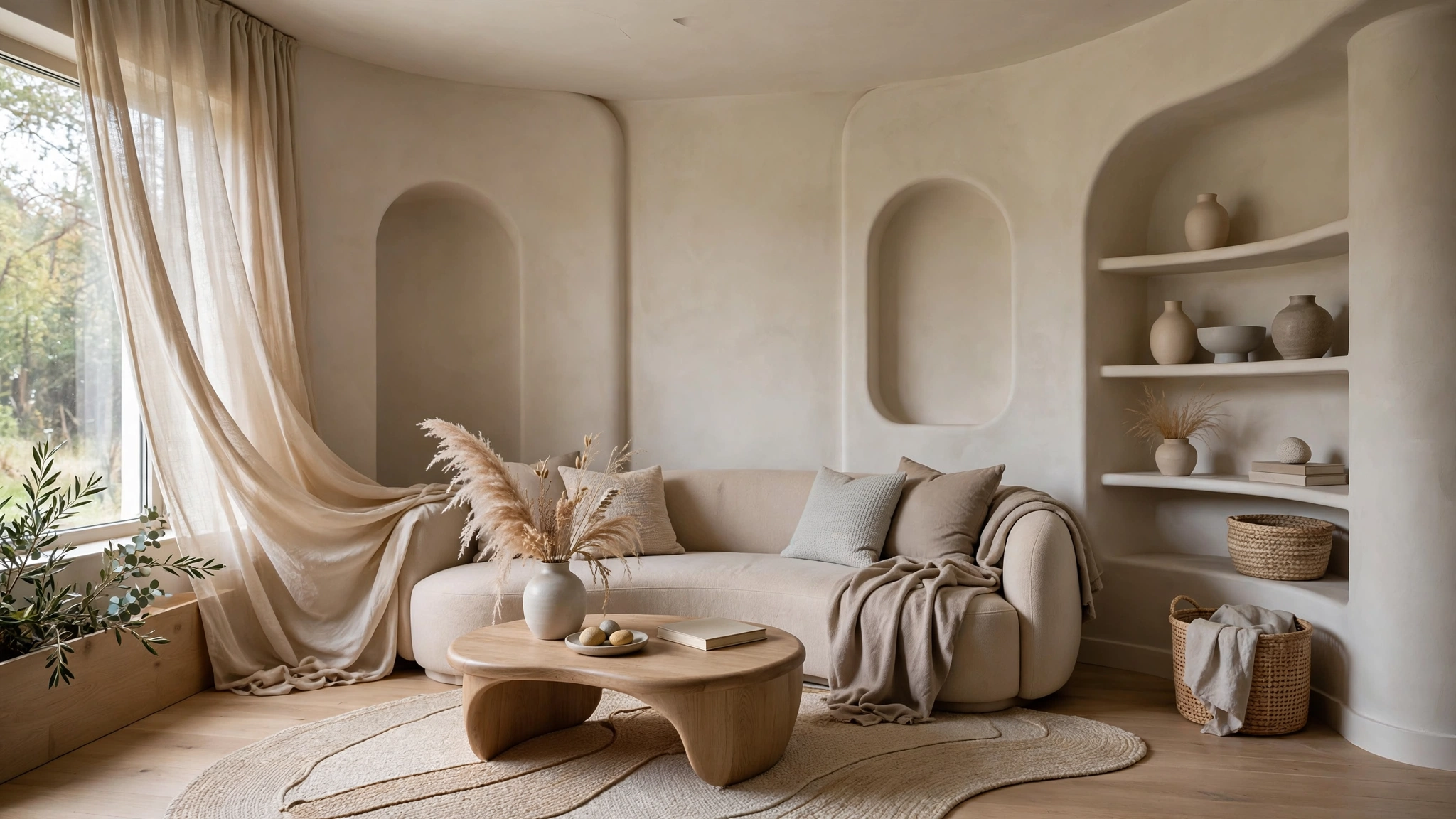 Large round mirror opposite window in small living room, light bounce