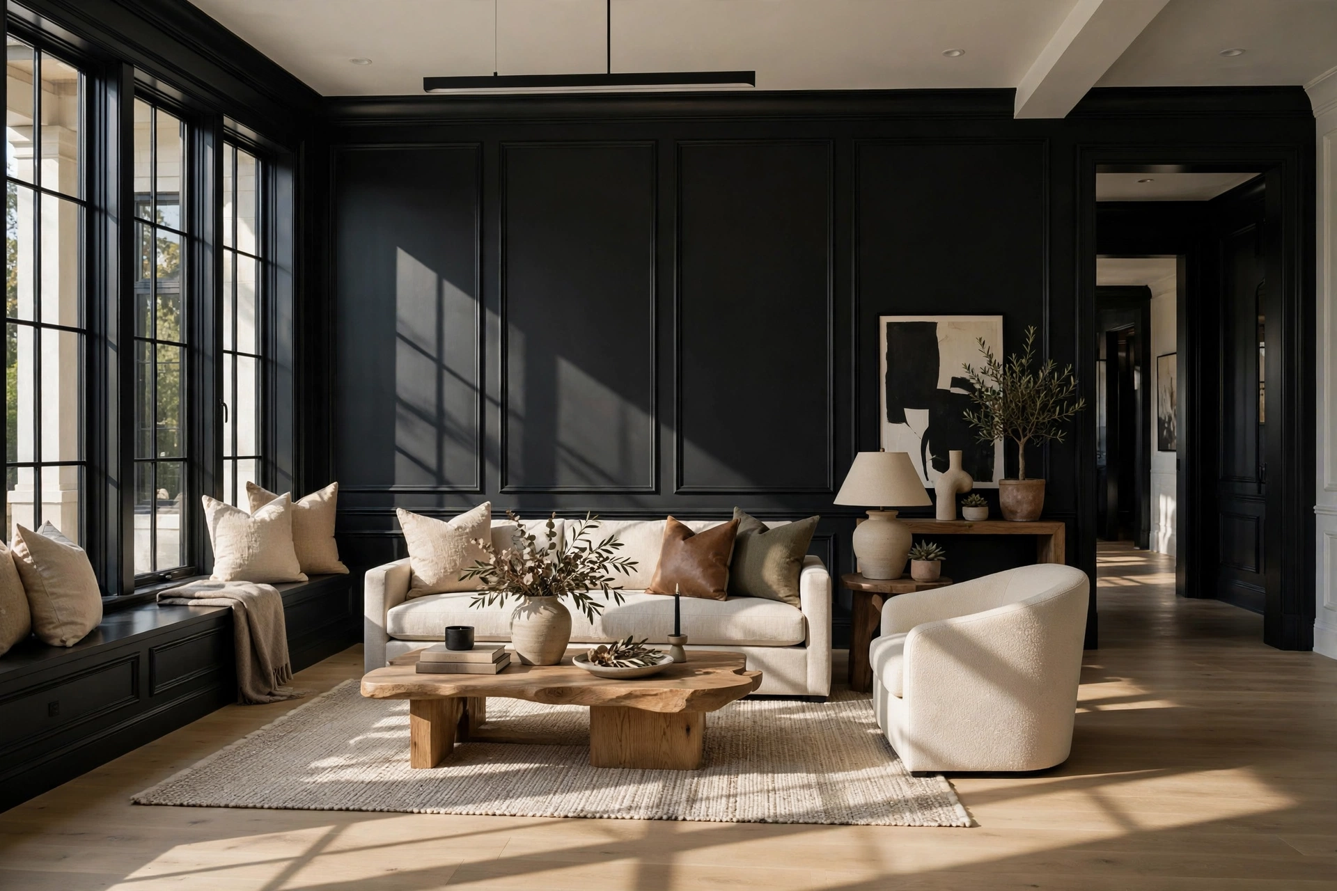 Black board and batten accent wall with molding shadows, elegant