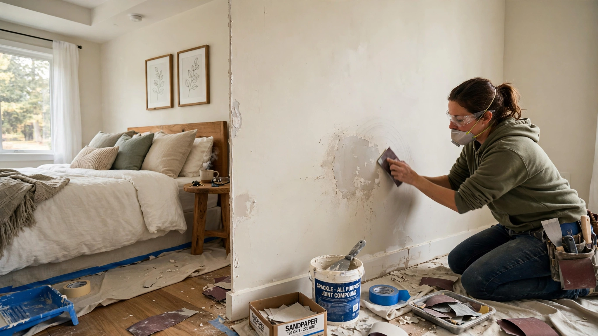 Wall repair and sanding prep before painting black feature wall