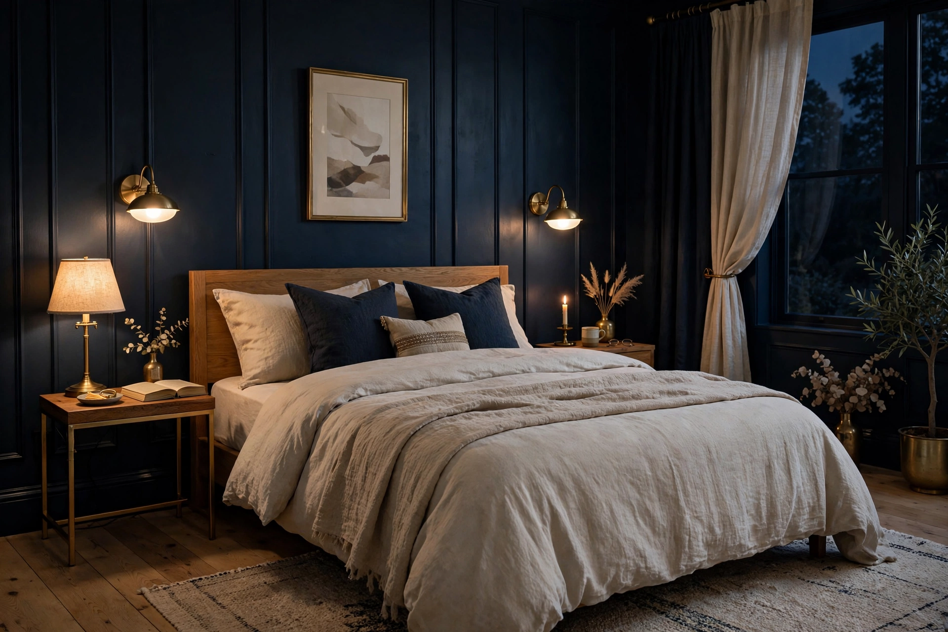 Bedroom with midnight navy blue walls, calm night sky feel