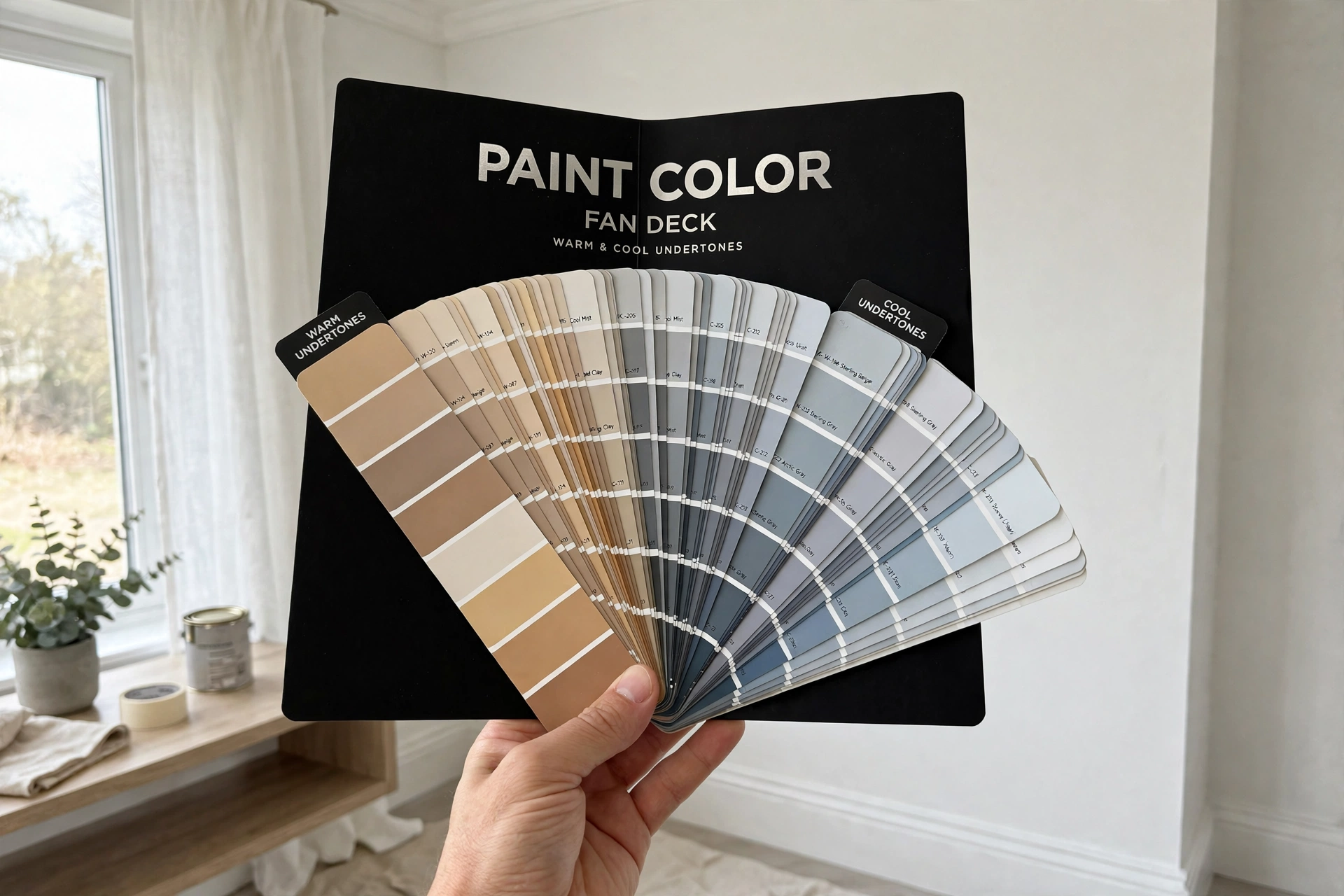 Black paint color fan deck showing warm and cool undertones