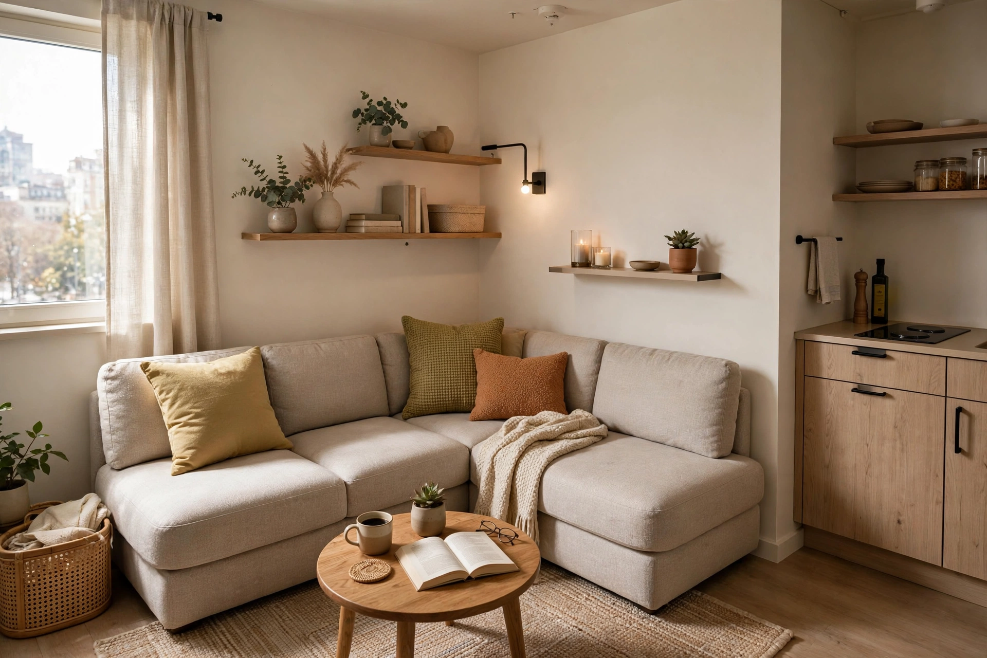 Compact L-shape sectional sofa fitting in small apartment corner, smart layout