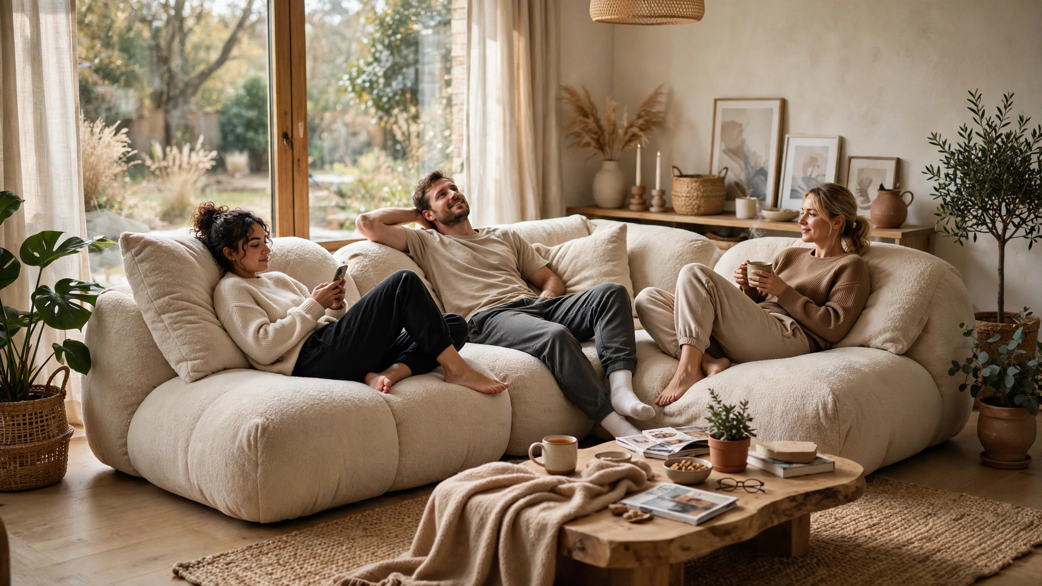Cozy casual living room with low plush boneless sofa, relaxed modern lifestyle