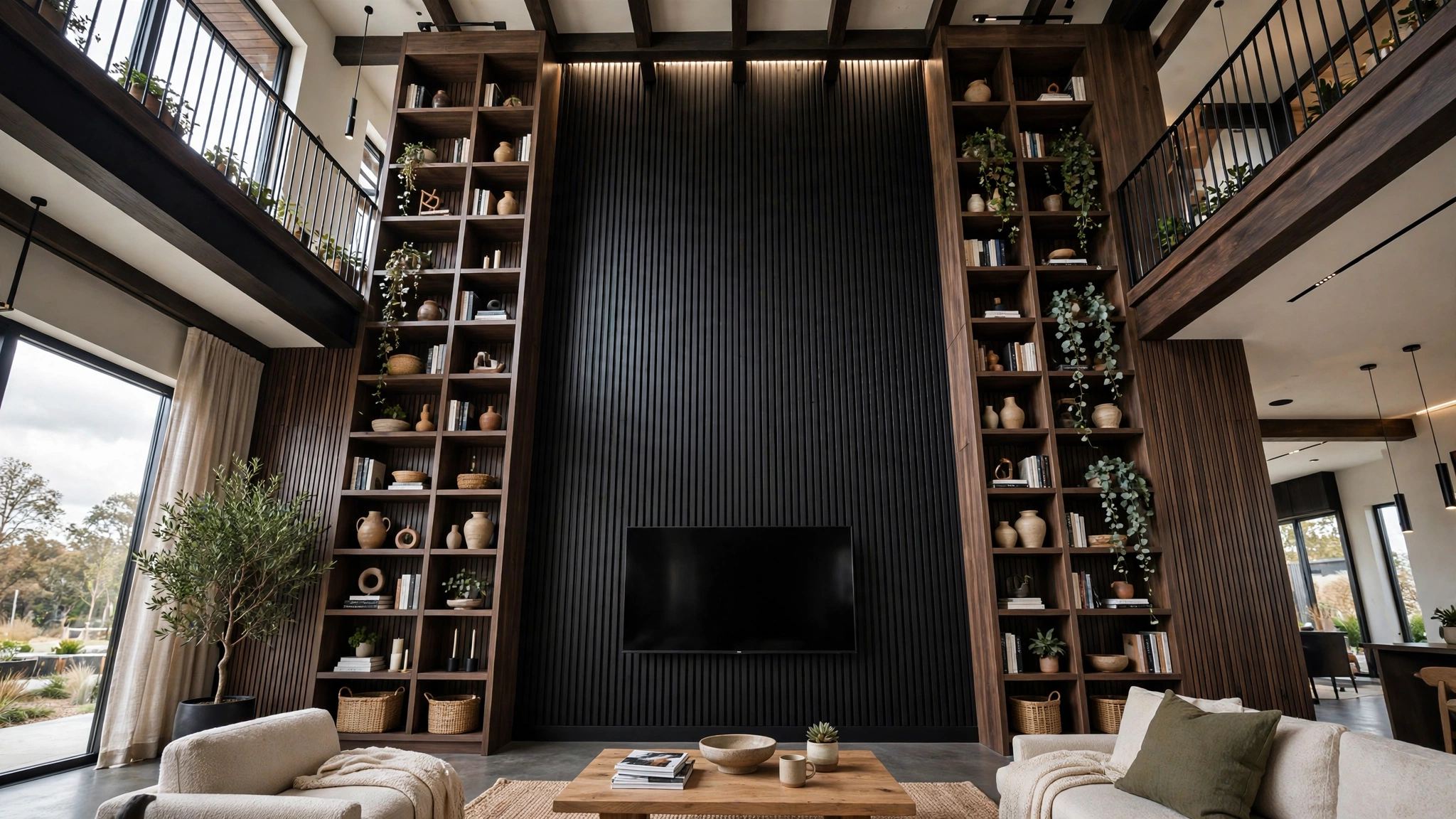 Black TV wall with vertical wood slat panels drawing eye upward