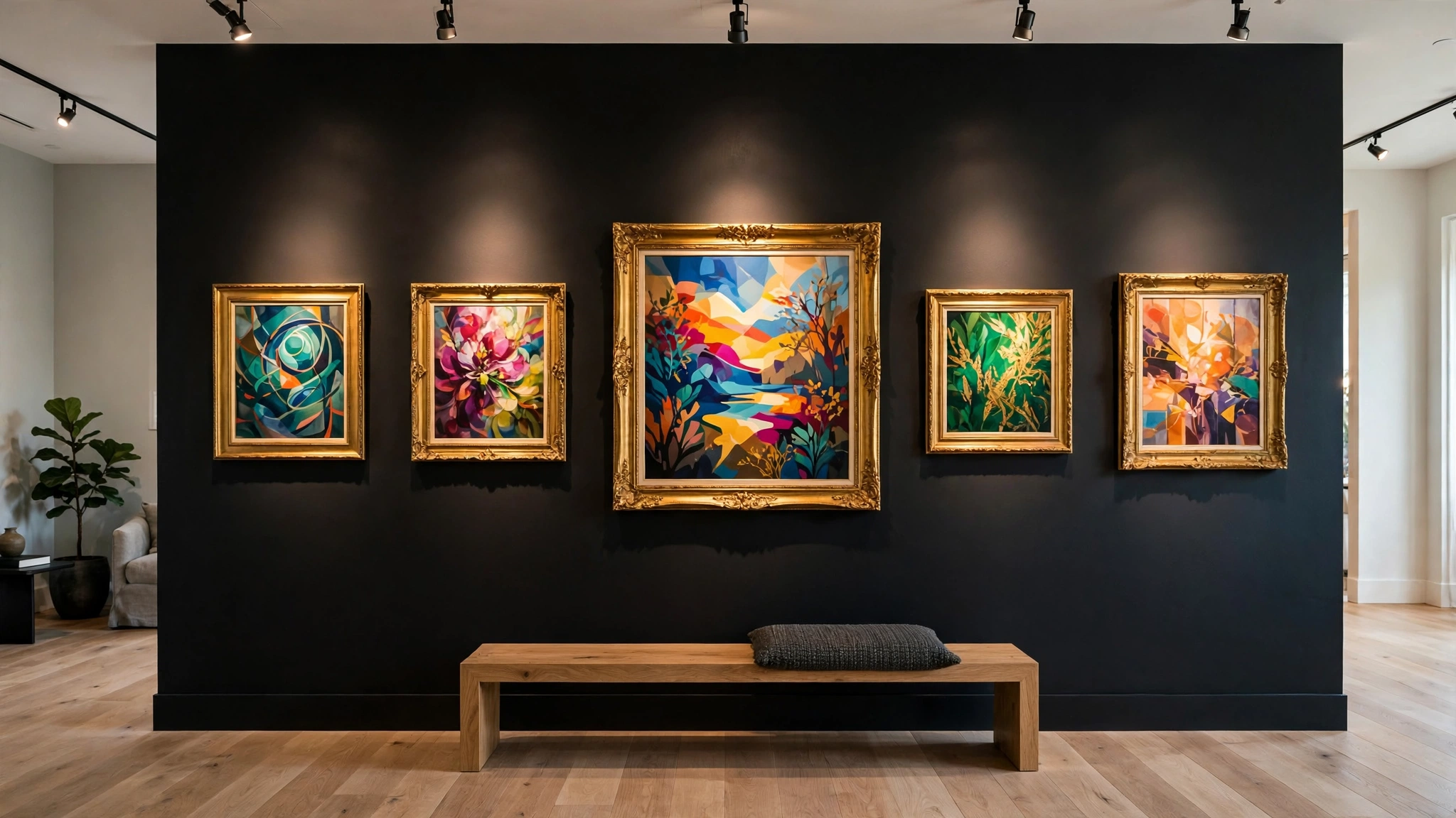 Gold framed art glowing against black accent wall