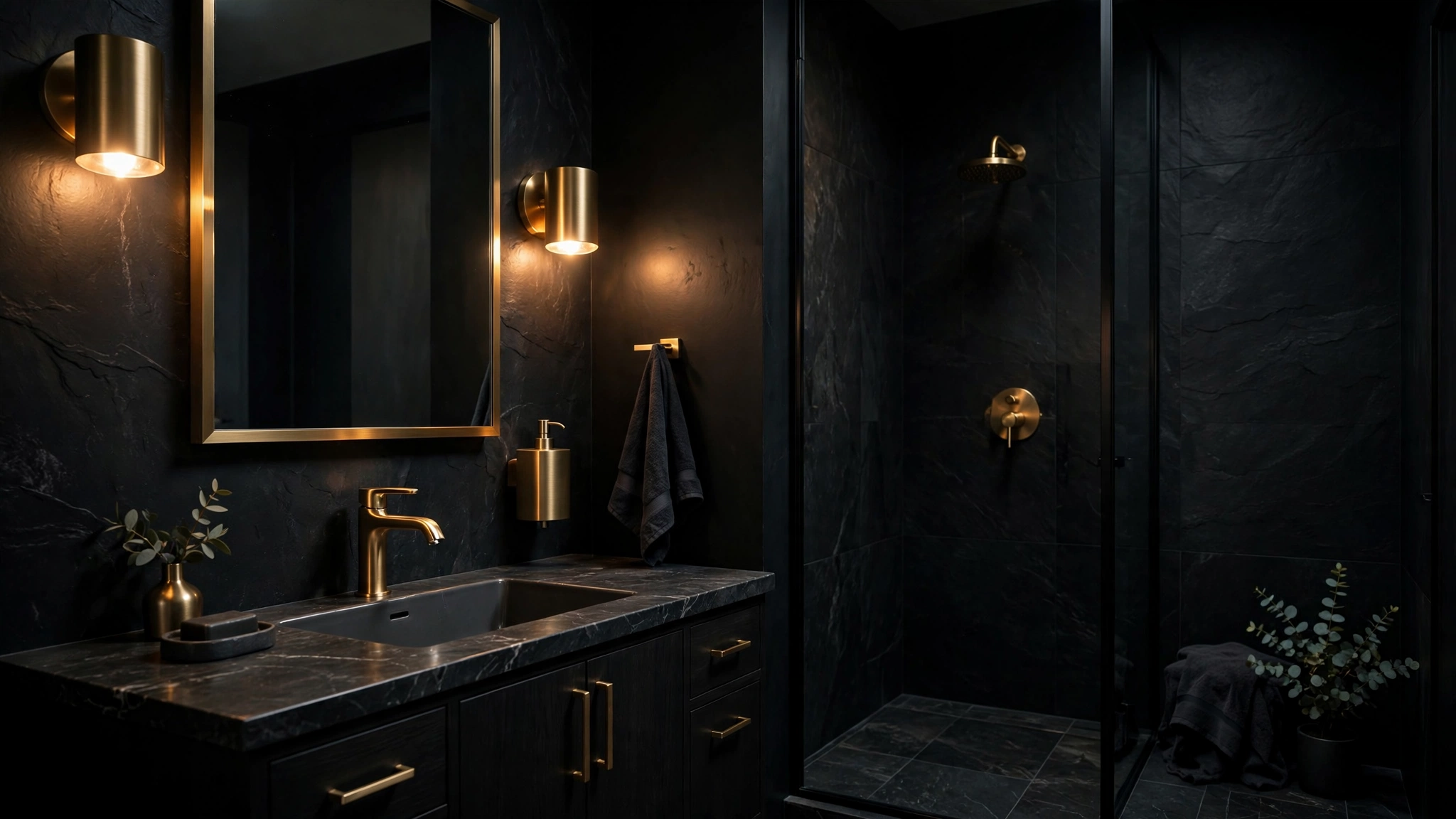 Moody bathroom with brushed gold faucet, warm metallic glow