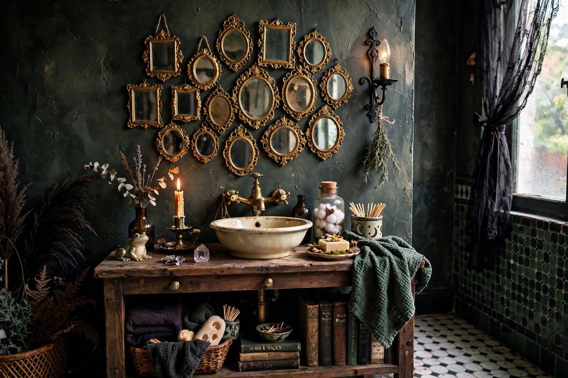 Ornate gold vintage mirrors thrifted, whimsigoth bathroom cluster