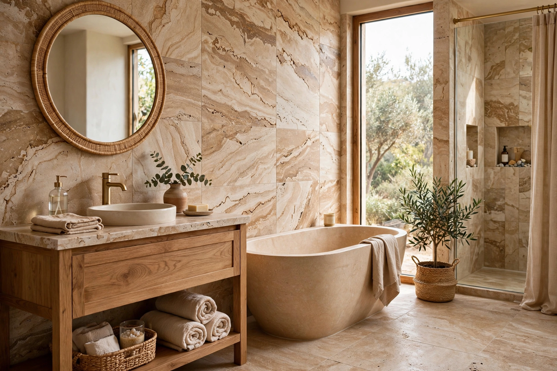 Travertine bathroom tile, warm natural stone richness