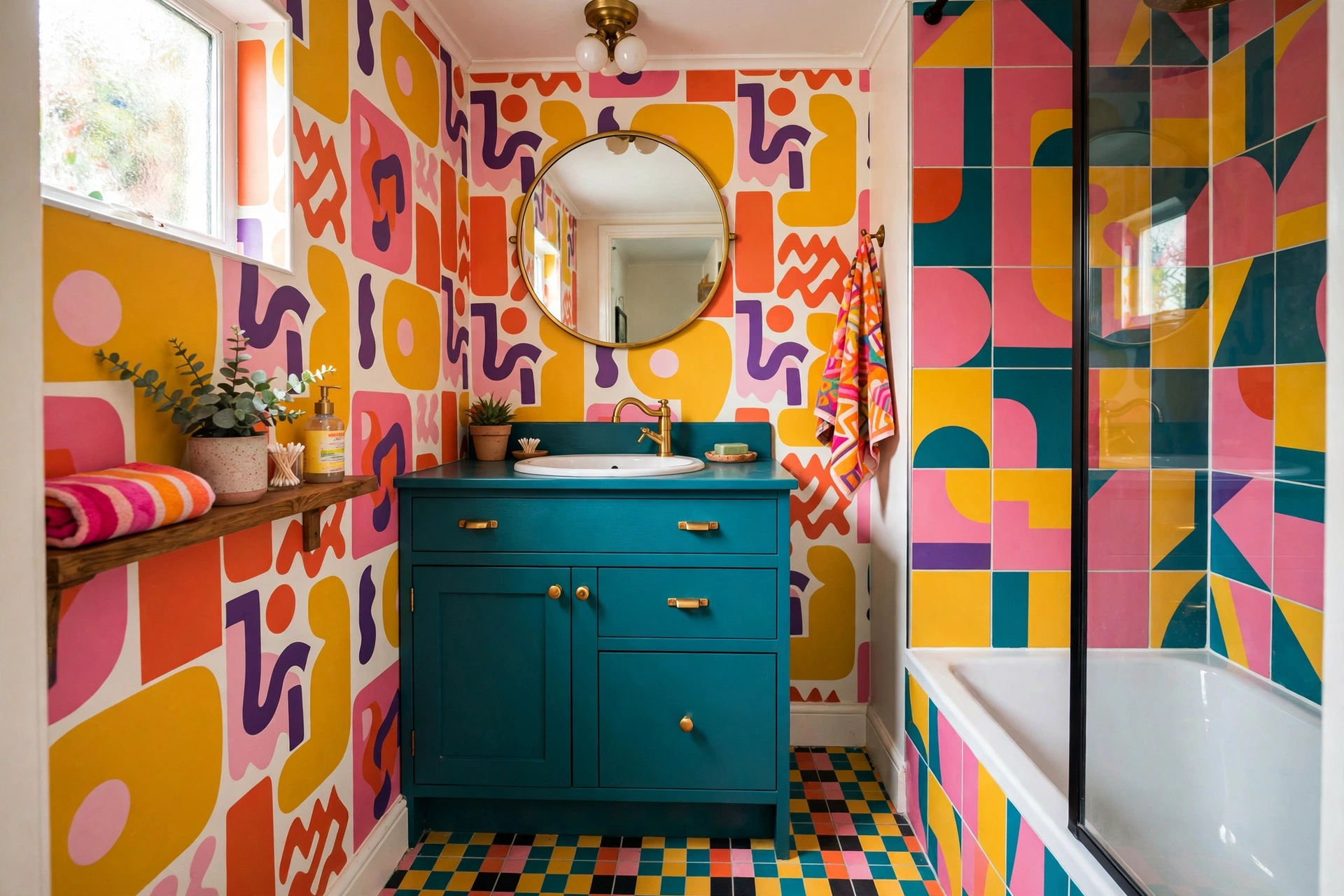Teal painted bathroom vanity with brass hardware, fearless color